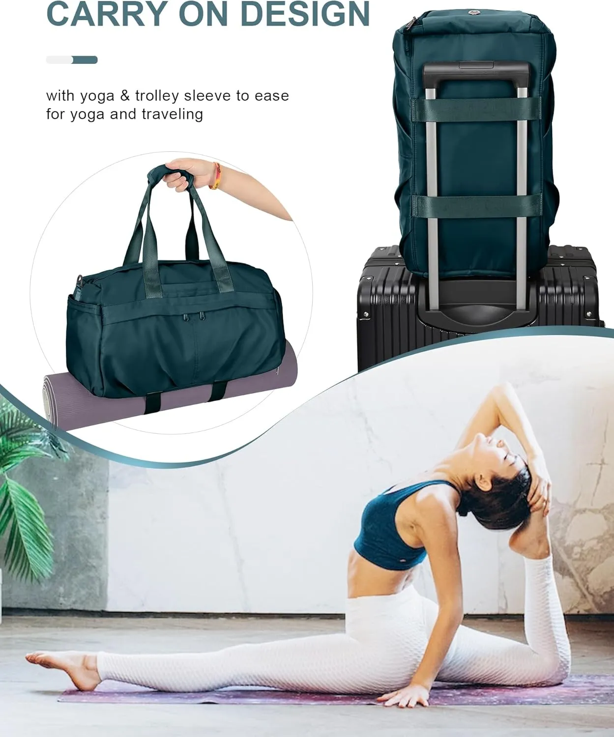 Gym Bag for Women Men with Shoe Compartment, Sport Duffel Bag, Waterproof Travel Weekender Overnight Carry on Bag for Yoga with Trolley Sleeve, Peacock Blue