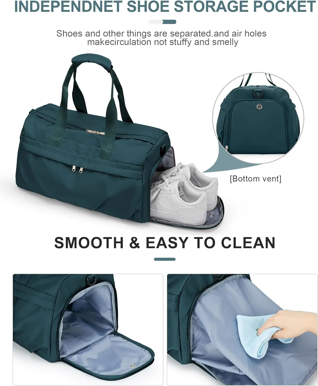 Gym Bag for Women Men with Shoe Compartment, Sport Duffel Bag, Waterproof Travel Weekender Overnight Carry on Bag for Yoga with Trolley Sleeve, Peacock Blue