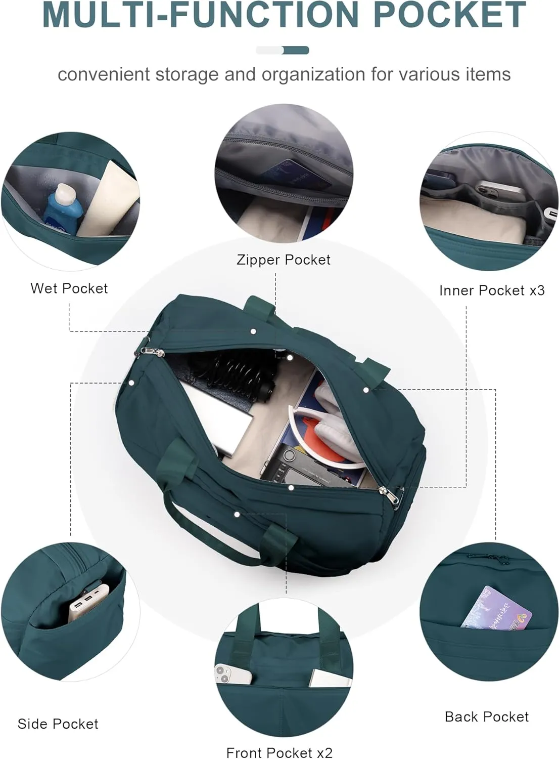 Gym Bag for Women Men with Shoe Compartment, Sport Duffel Bag, Waterproof Travel Weekender Overnight Carry on Bag for Yoga with Trolley Sleeve, Peacock Blue