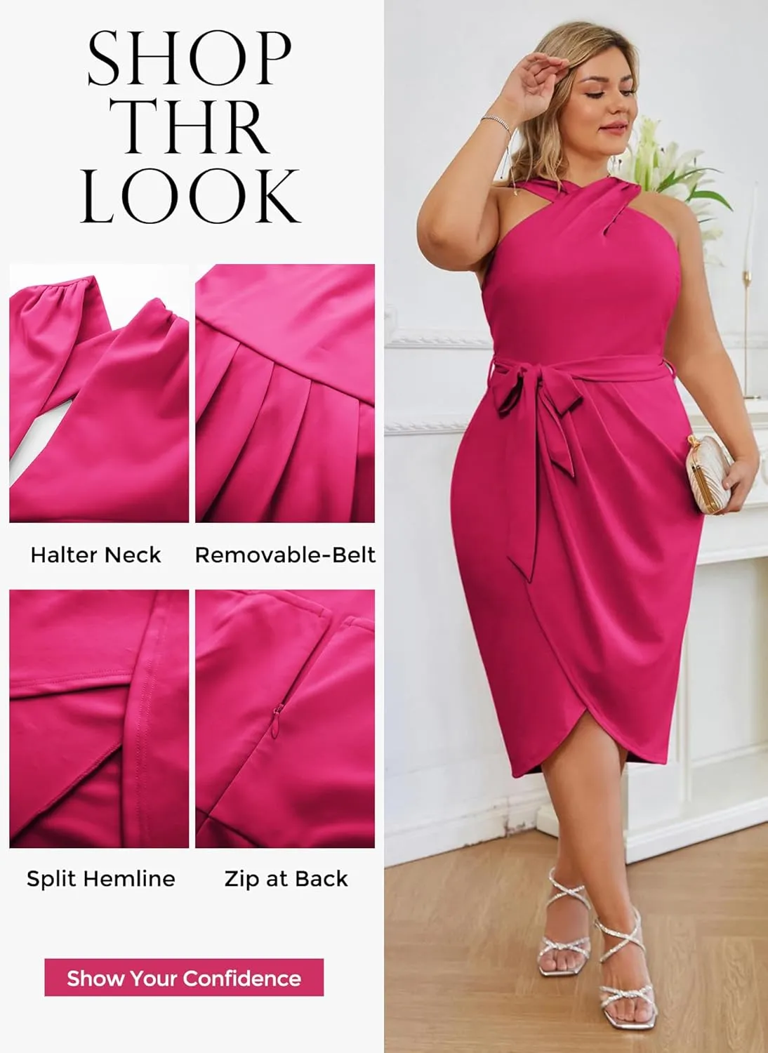 Hanna Nikole Plus Size Dresses for Curvy Women Halterneck Sleeveless Wrap Front Ruched Bodycon Dress Party Dress
