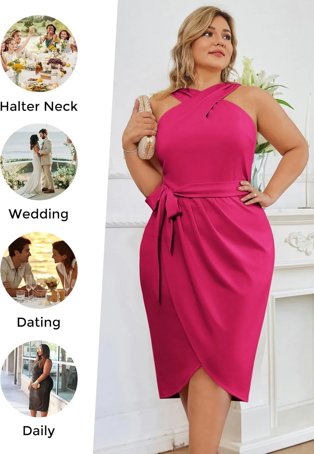 Hanna Nikole Plus Size Dresses for Curvy Women Halterneck Sleeveless Wrap Front Ruched Bodycon Dress Party Dress