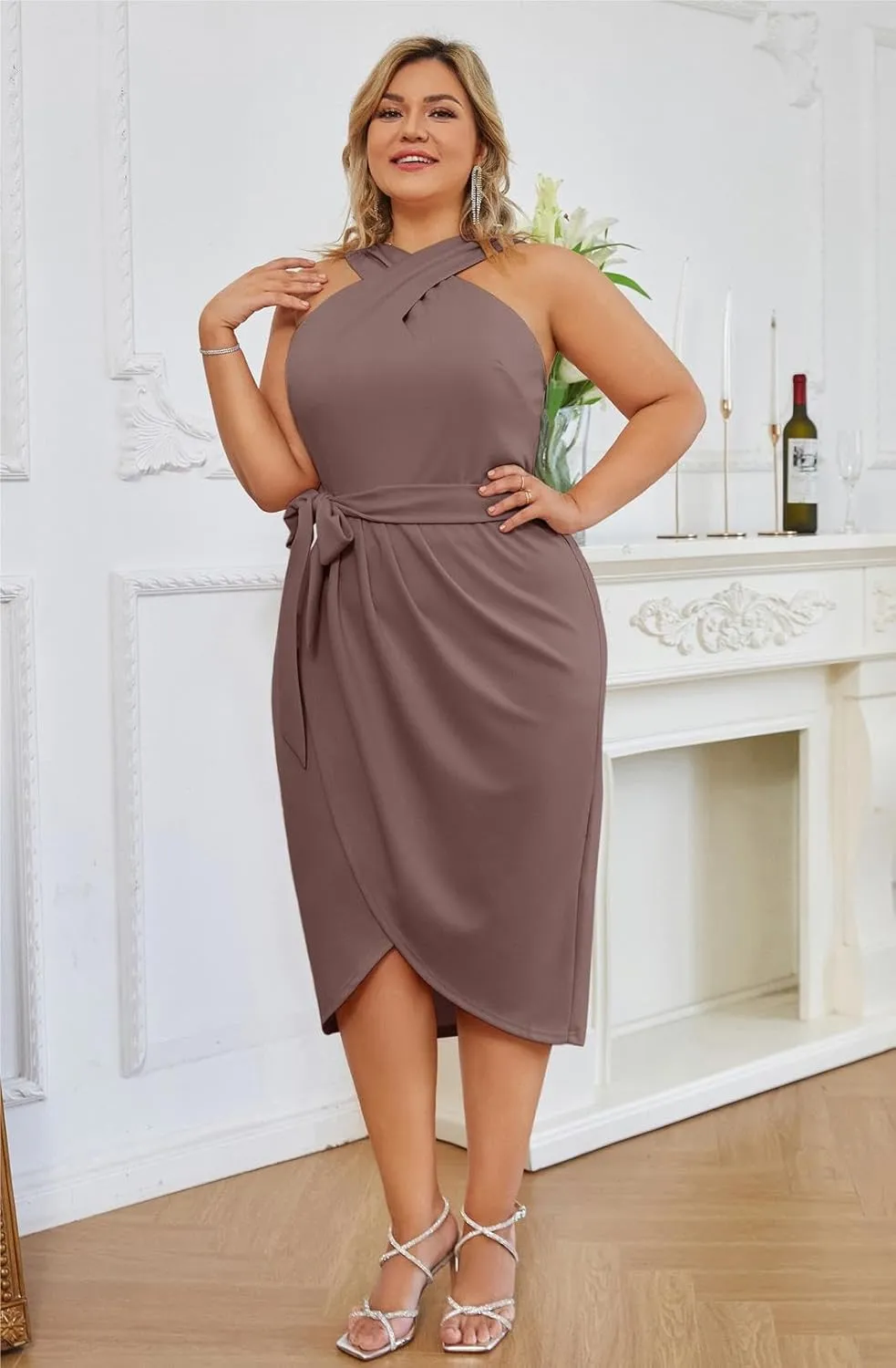 Hanna Nikole Plus Size Dresses for Curvy Women Halterneck Sleeveless Wrap Front Ruched Bodycon Dress Party Dress