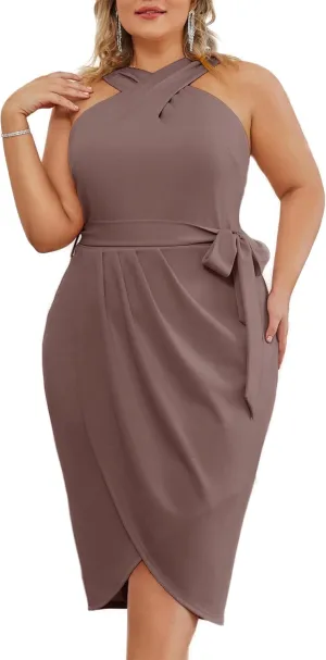 Hanna Nikole Plus Size Dresses for Curvy Women Halterneck Sleeveless Wrap Front Ruched Bodycon Dress Party Dress