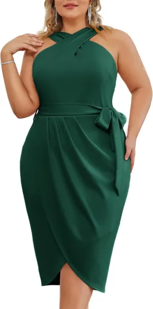 Hanna Nikole Plus Size Dresses for Curvy Women Halterneck Sleeveless Wrap Front Ruched Bodycon Dress Party Dress