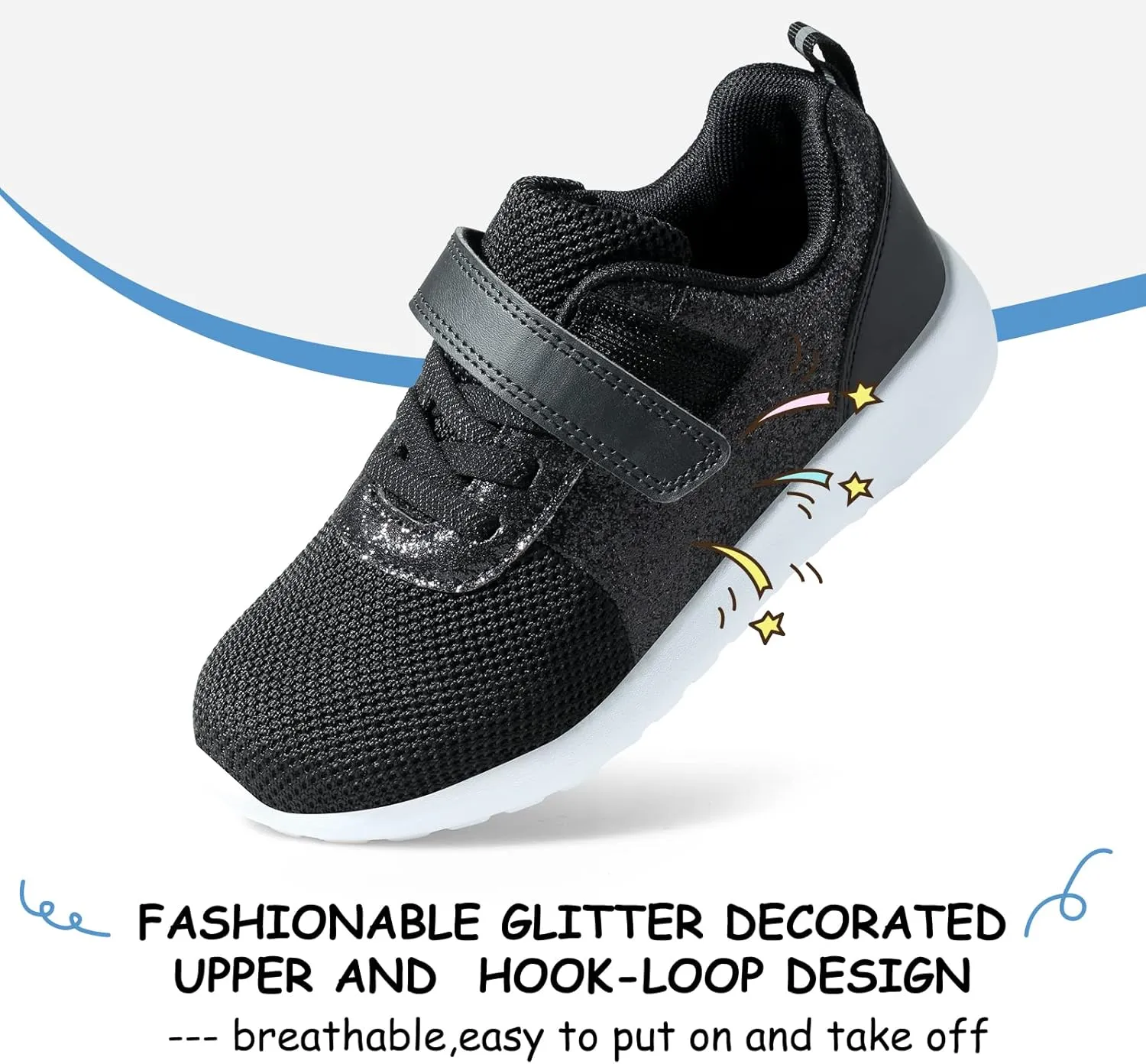 Harvest Land Toddler Glitter Tennis Shoes Slip On Boys Girls Sneakers Casual Running Shoes Woven Breathable with Soft Soled Sports Hook-Loop Outdoor Shoes