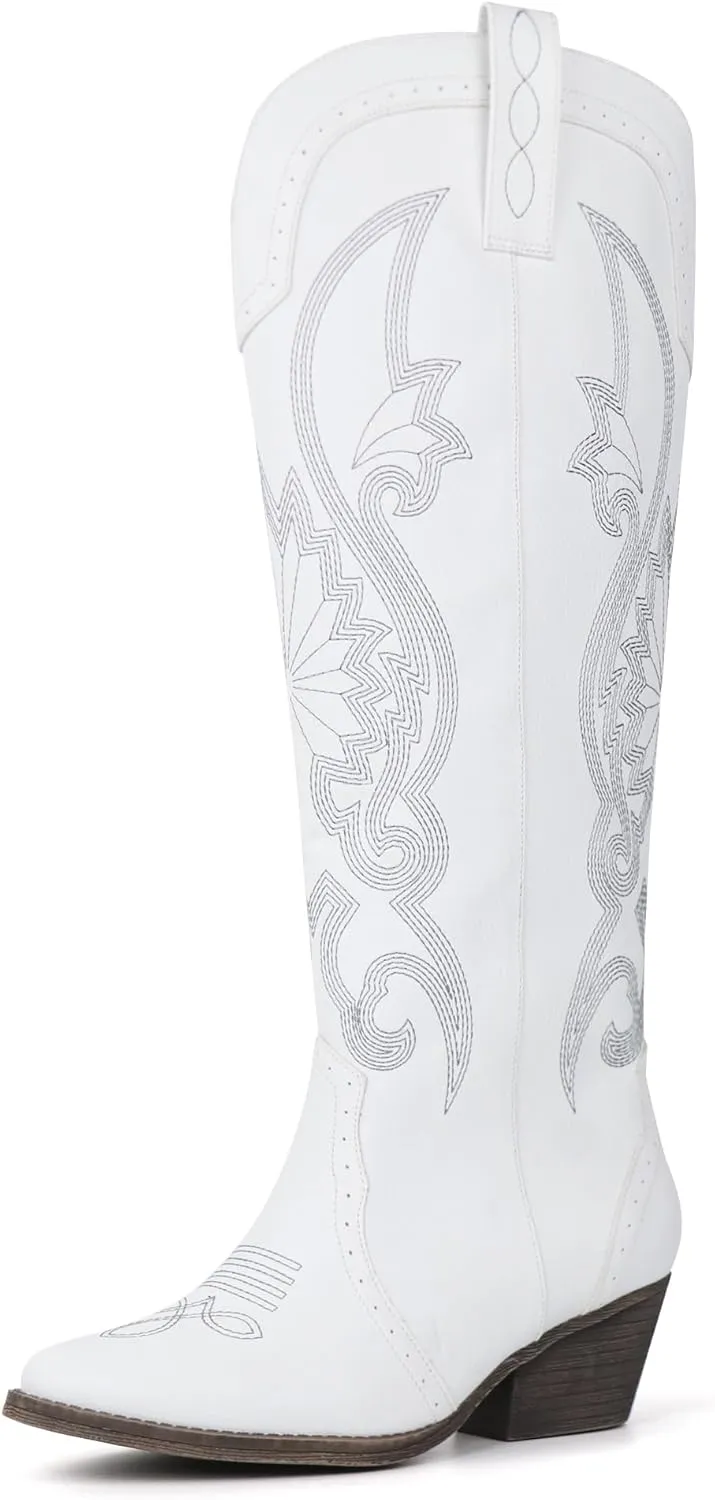 Hawkwell Women's Cowboy Cowgirl Boots Slip On Pointed Toe and Block Heel Shoes with Classic Embroidered Pull On Tall Boot for Ladies Dress Western Knee High Boots