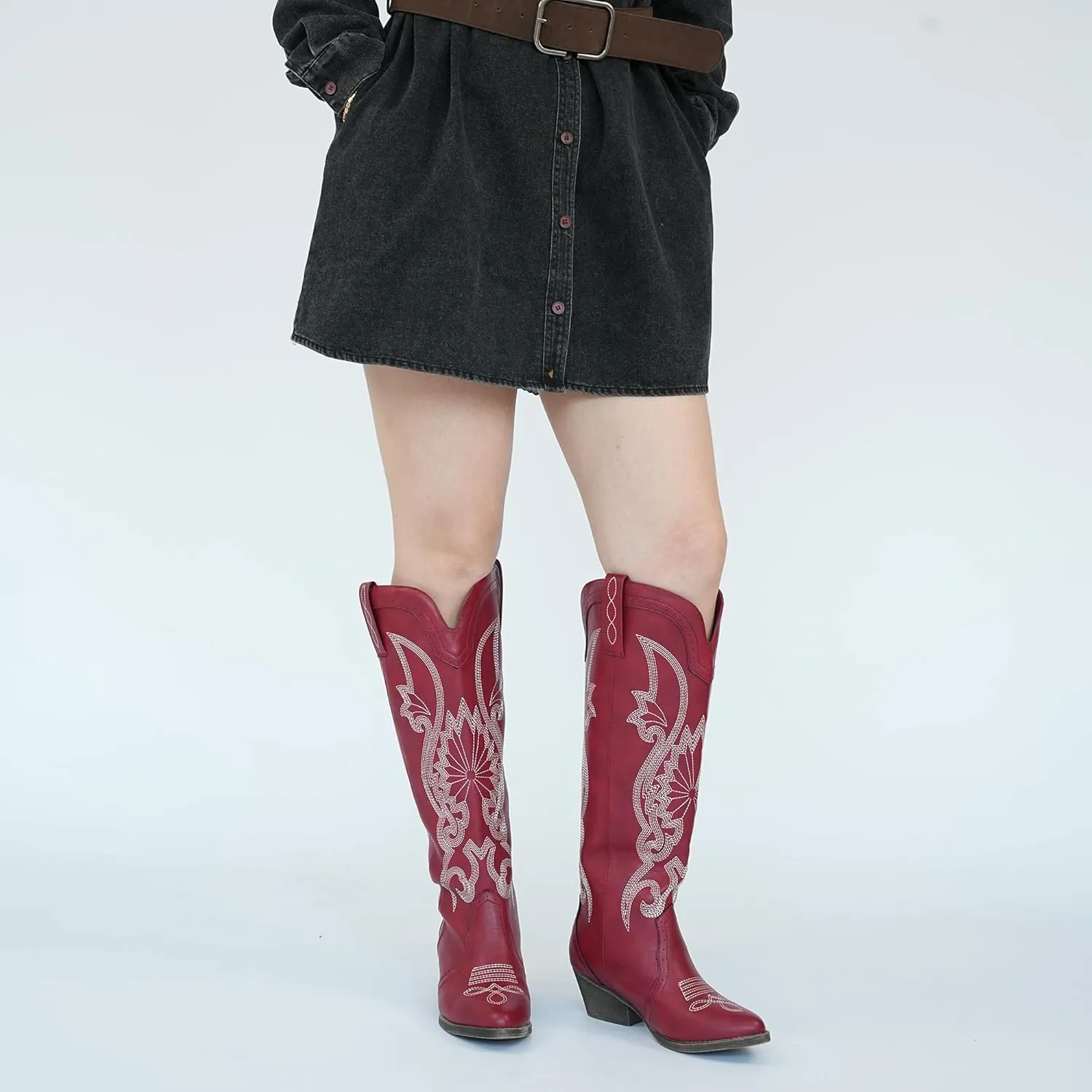 Hawkwell Women's Cowboy Cowgirl Boots Slip On Pointed Toe and Block Heel Shoes with Classic Embroidered Pull On Tall Boot for Ladies Dress Western Knee High Boots