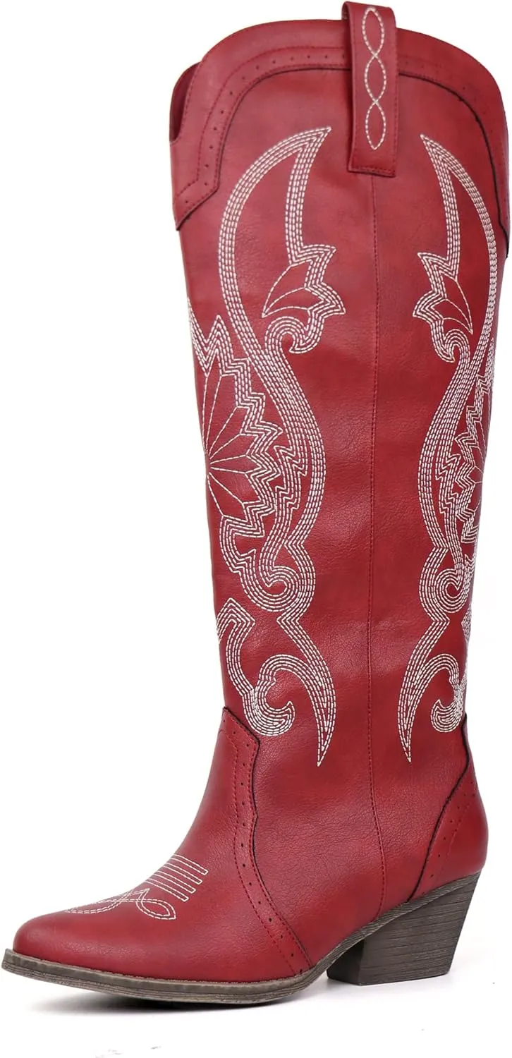 Hawkwell Women's Cowboy Cowgirl Boots Slip On Pointed Toe and Block Heel Shoes with Classic Embroidered Pull On Tall Boot for Ladies Dress Western Knee High Boots
