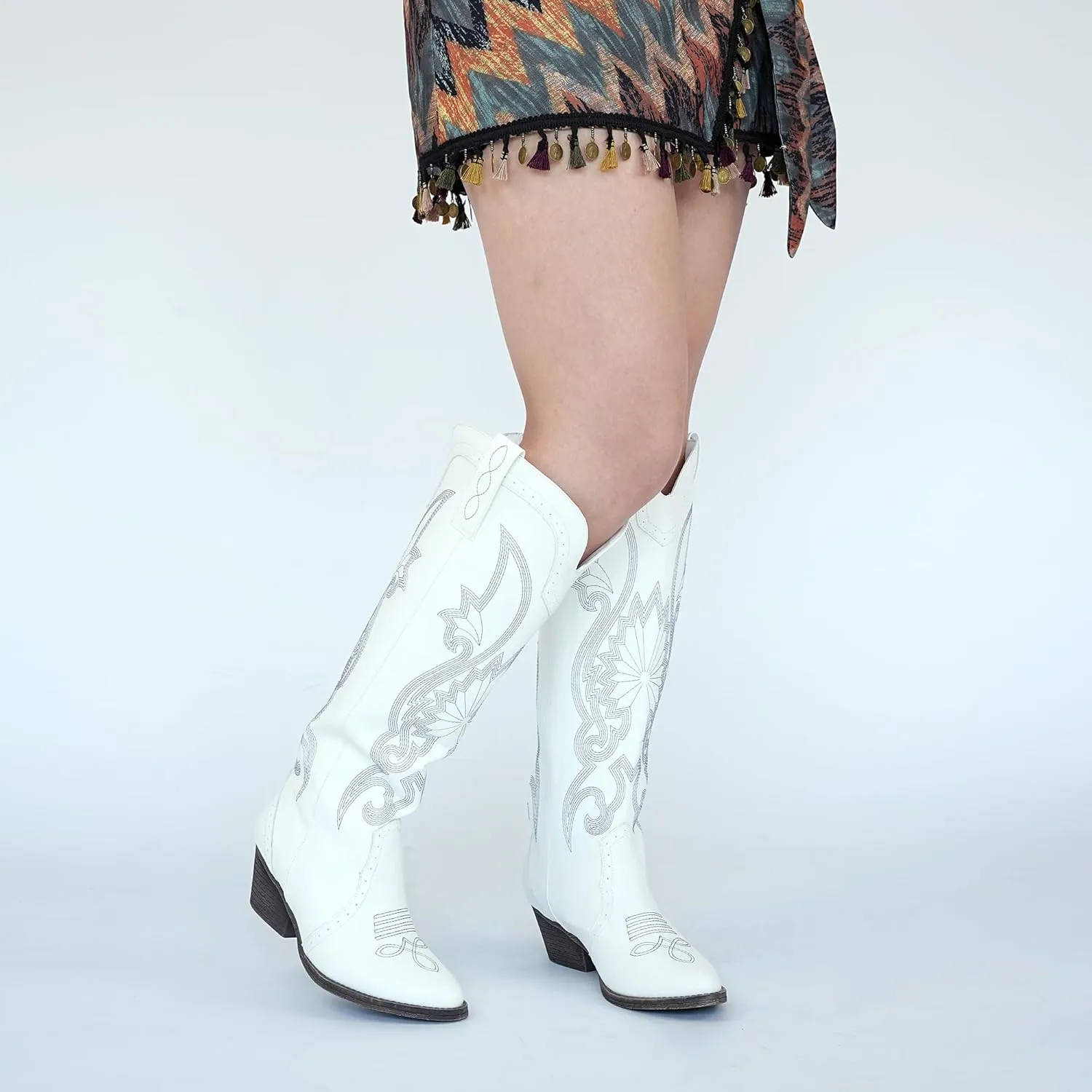 Hawkwell Women's Cowboy Cowgirl Boots Slip On Pointed Toe and Block Heel Shoes with Classic Embroidered Pull On Tall Boot for Ladies Dress Western Knee High Boots