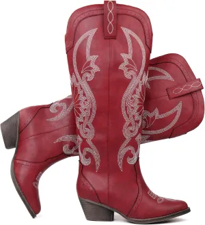 Hawkwell Women's Cowboy Cowgirl Boots Slip On Pointed Toe and Block Heel Shoes with Classic Embroidered Pull On Tall Boot for Ladies Dress Western Knee High Boots