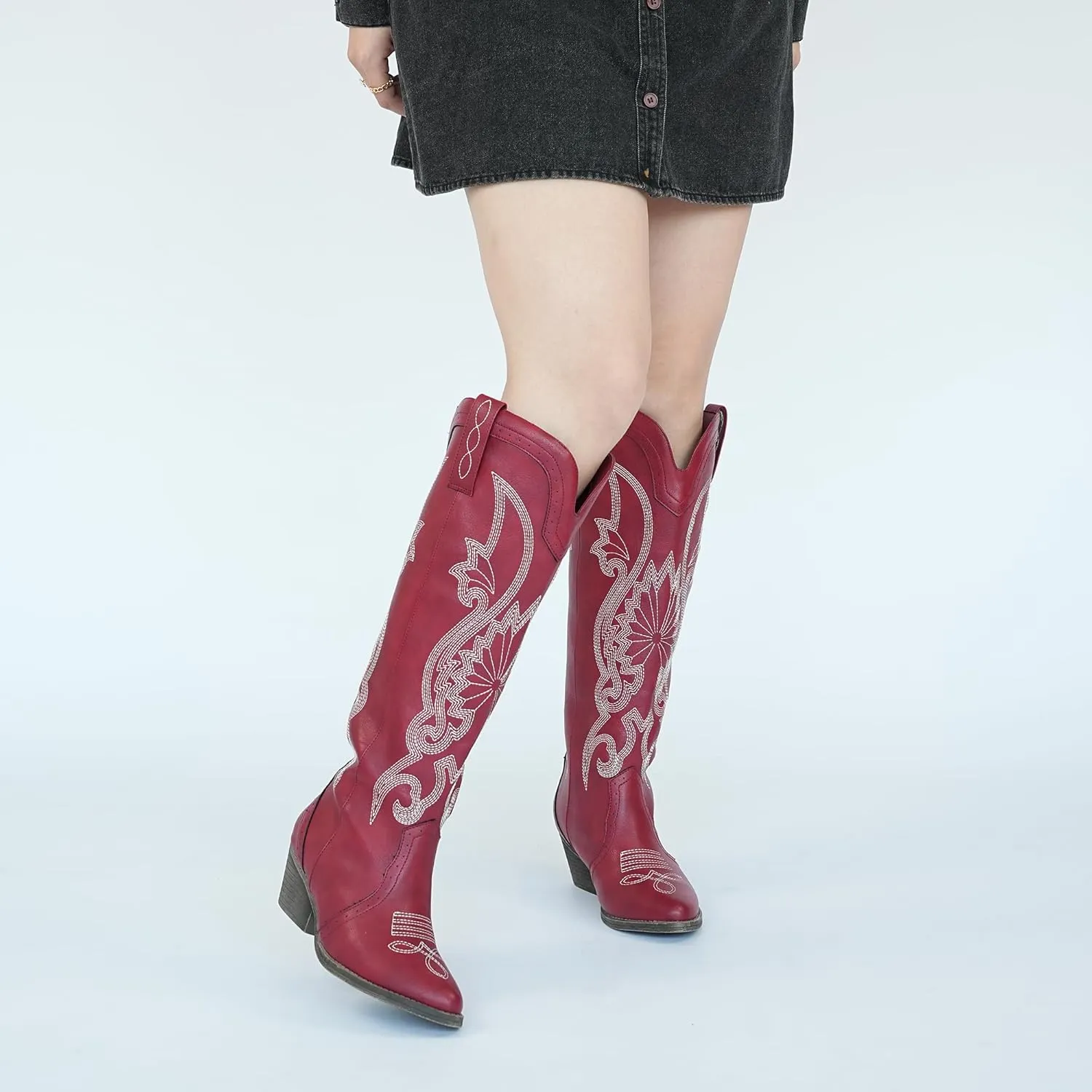 Hawkwell Women's Cowboy Cowgirl Boots Slip On Pointed Toe and Block Heel Shoes with Classic Embroidered Pull On Tall Boot for Ladies Dress Western Knee High Boots