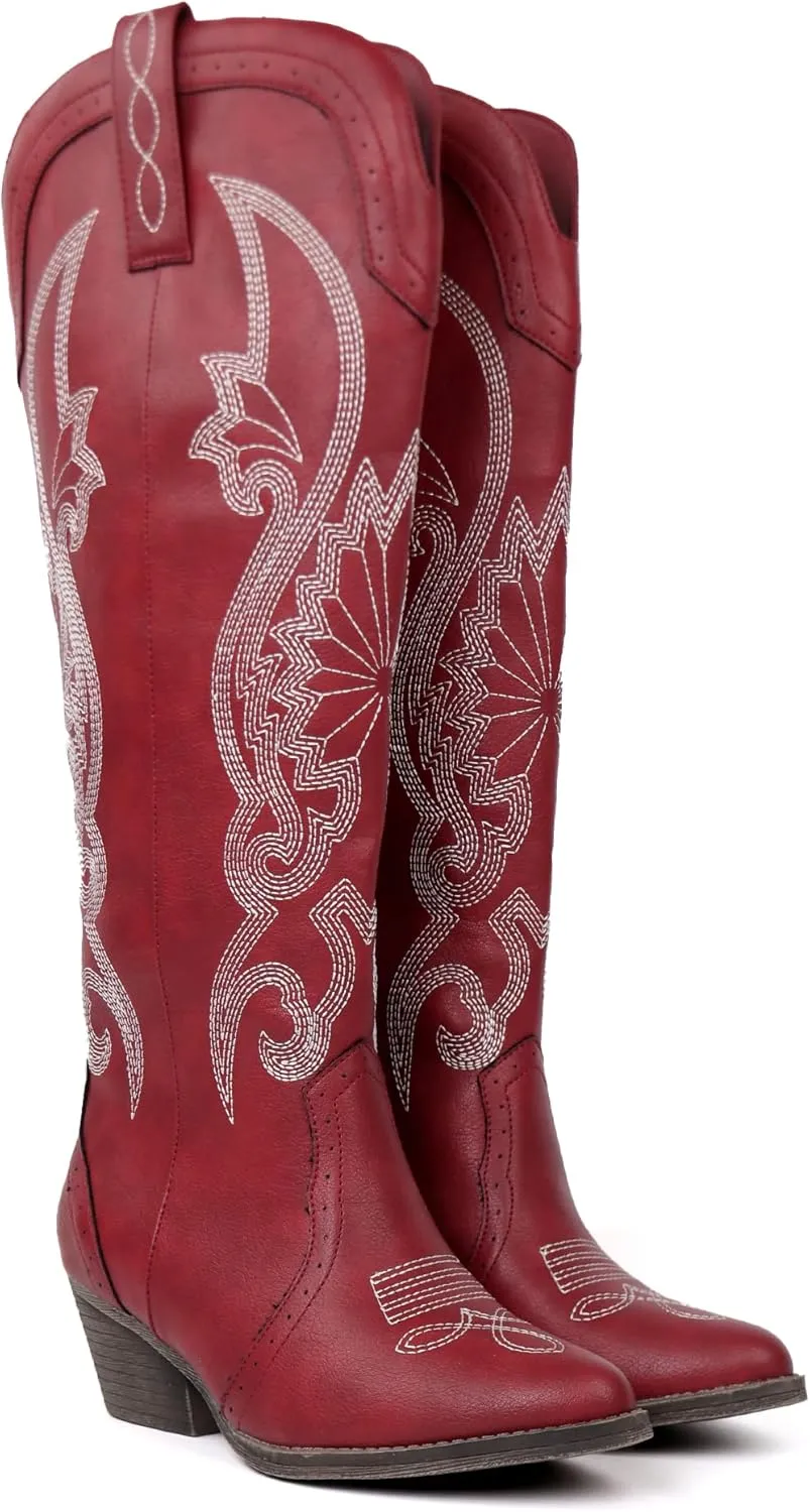 Hawkwell Women's Cowboy Cowgirl Boots Slip On Pointed Toe and Block Heel Shoes with Classic Embroidered Pull On Tall Boot for Ladies Dress Western Knee High Boots