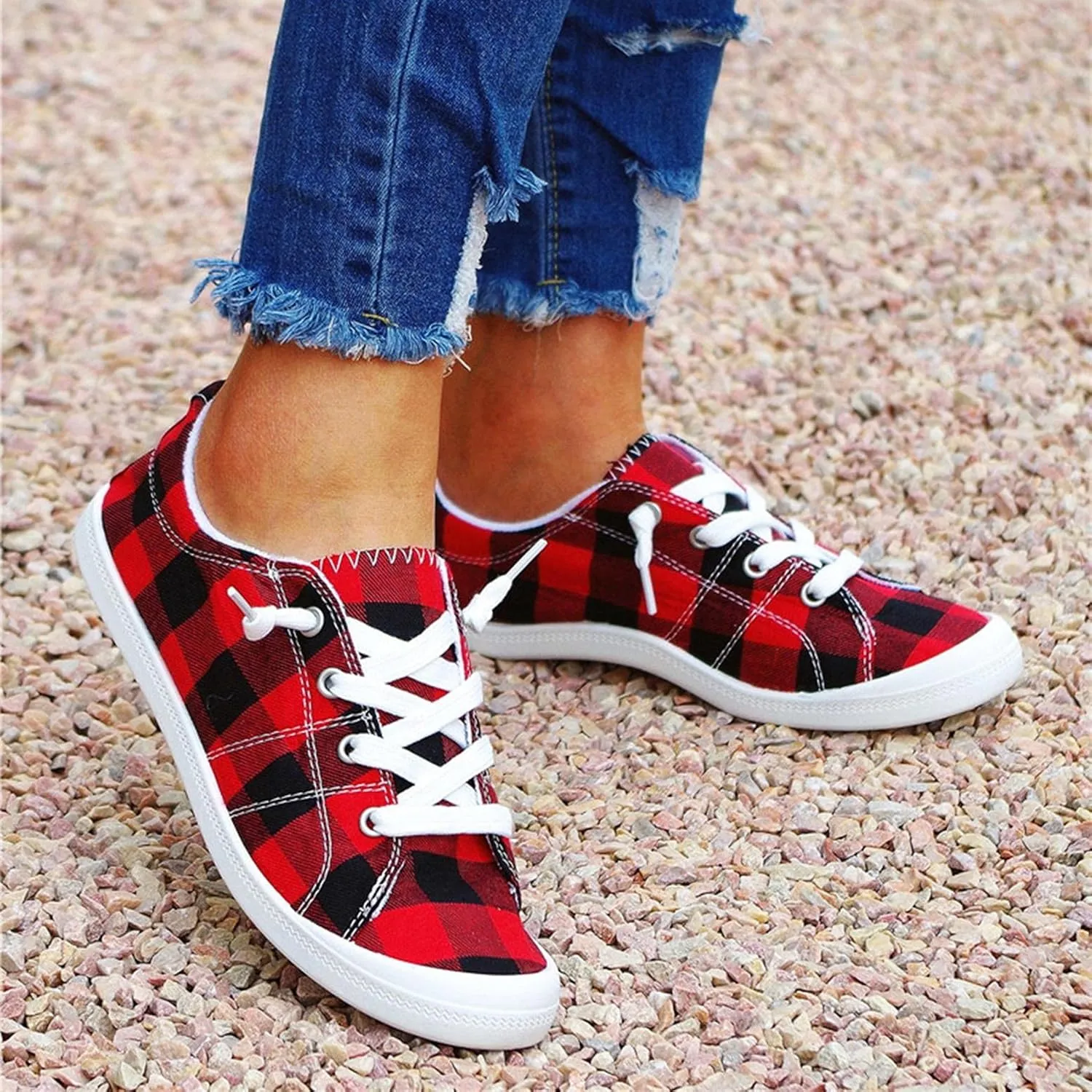 Hbeylia Canvas Shoes For Women Fashion Casual Plaid Lace Up Low Top Play Sneakers Lightweight Low Heels Slip On Flats Loafers Walking Shoes For Girls Running Outdoor Sports Driving