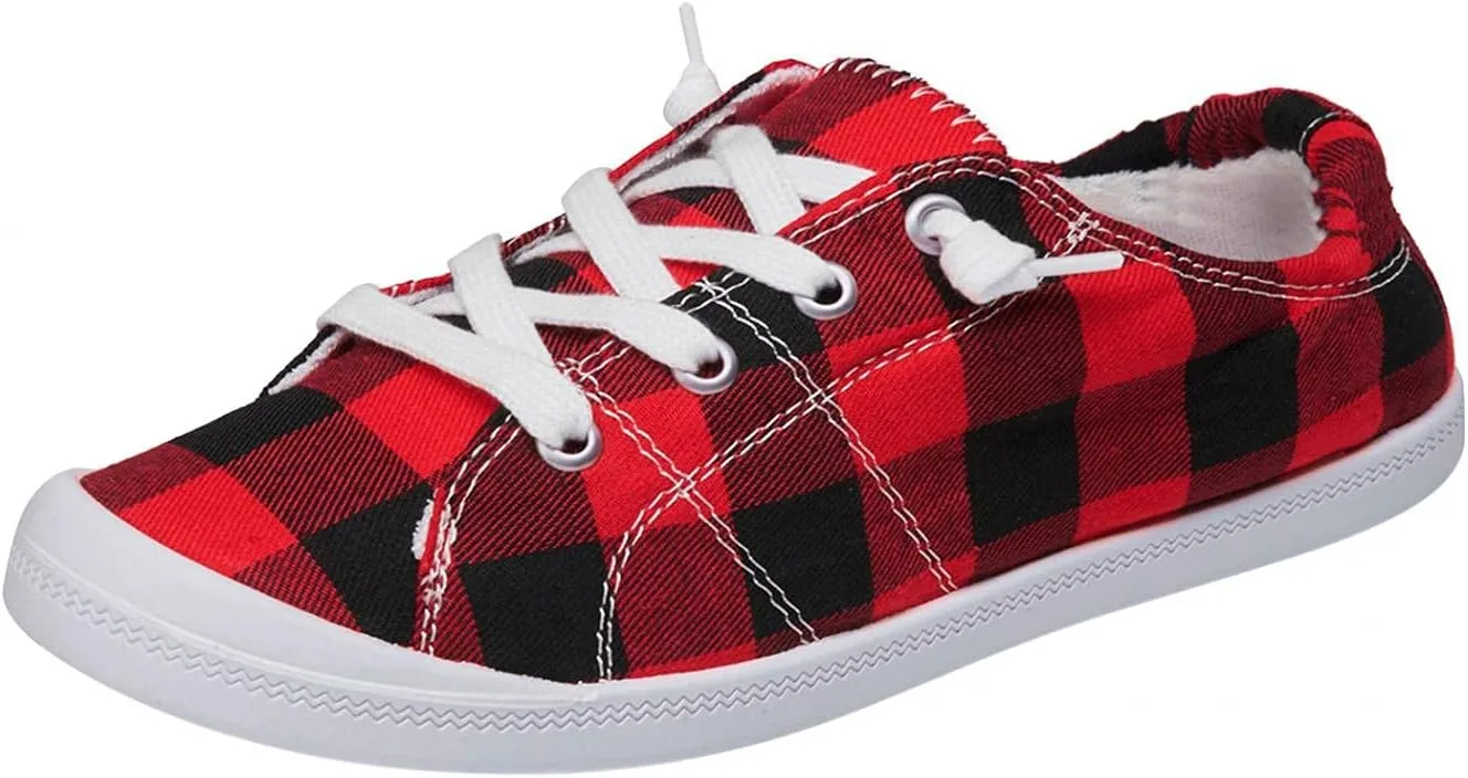 Hbeylia Canvas Shoes For Women Fashion Casual Plaid Lace Up Low Top Play Sneakers Lightweight Low Heels Slip On Flats Loafers Walking Shoes For Girls Running Outdoor Sports Driving