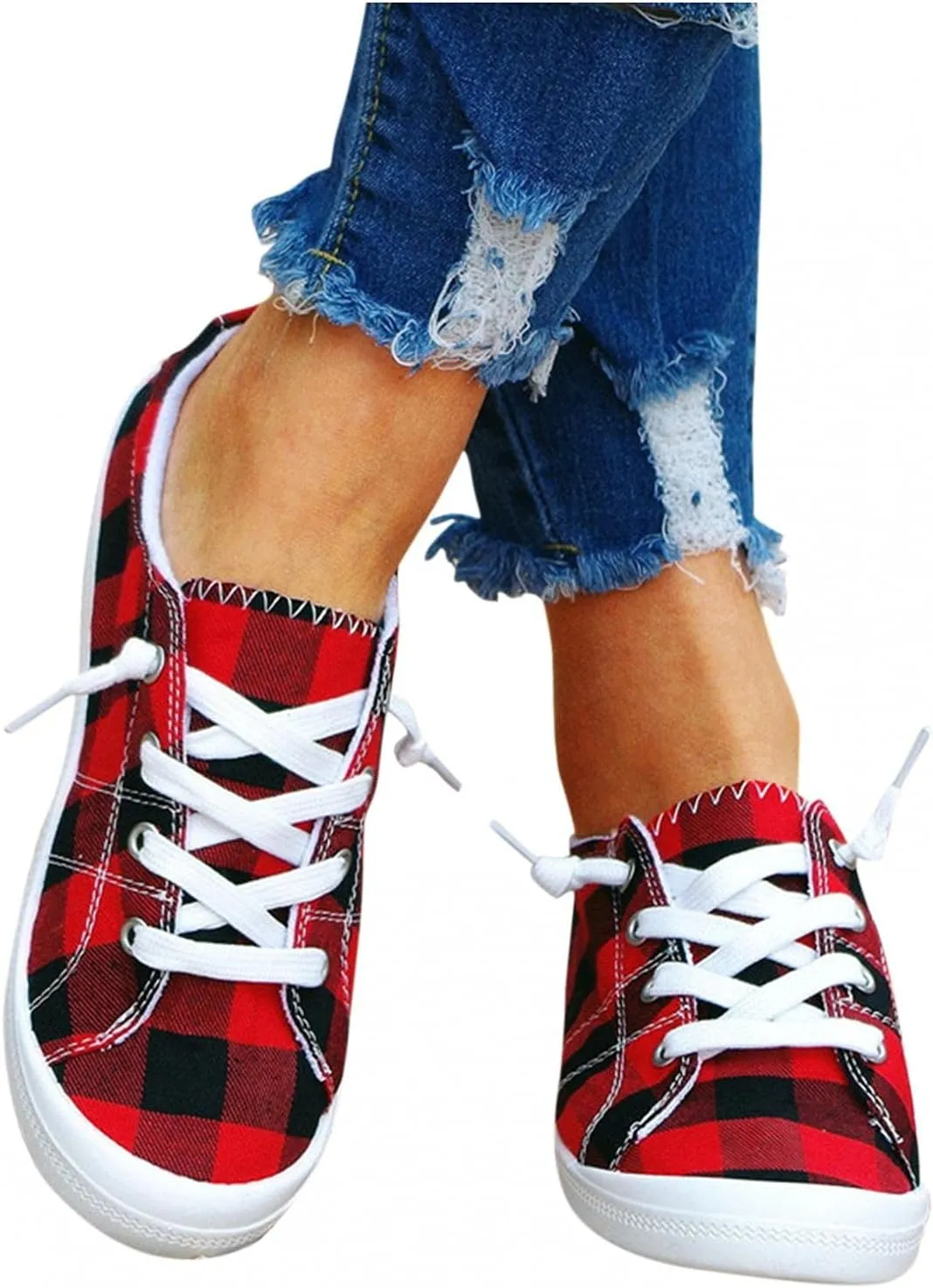 Hbeylia Canvas Shoes For Women Fashion Casual Plaid Lace Up Low Top Play Sneakers Lightweight Low Heels Slip On Flats Loafers Walking Shoes For Girls Running Outdoor Sports Driving