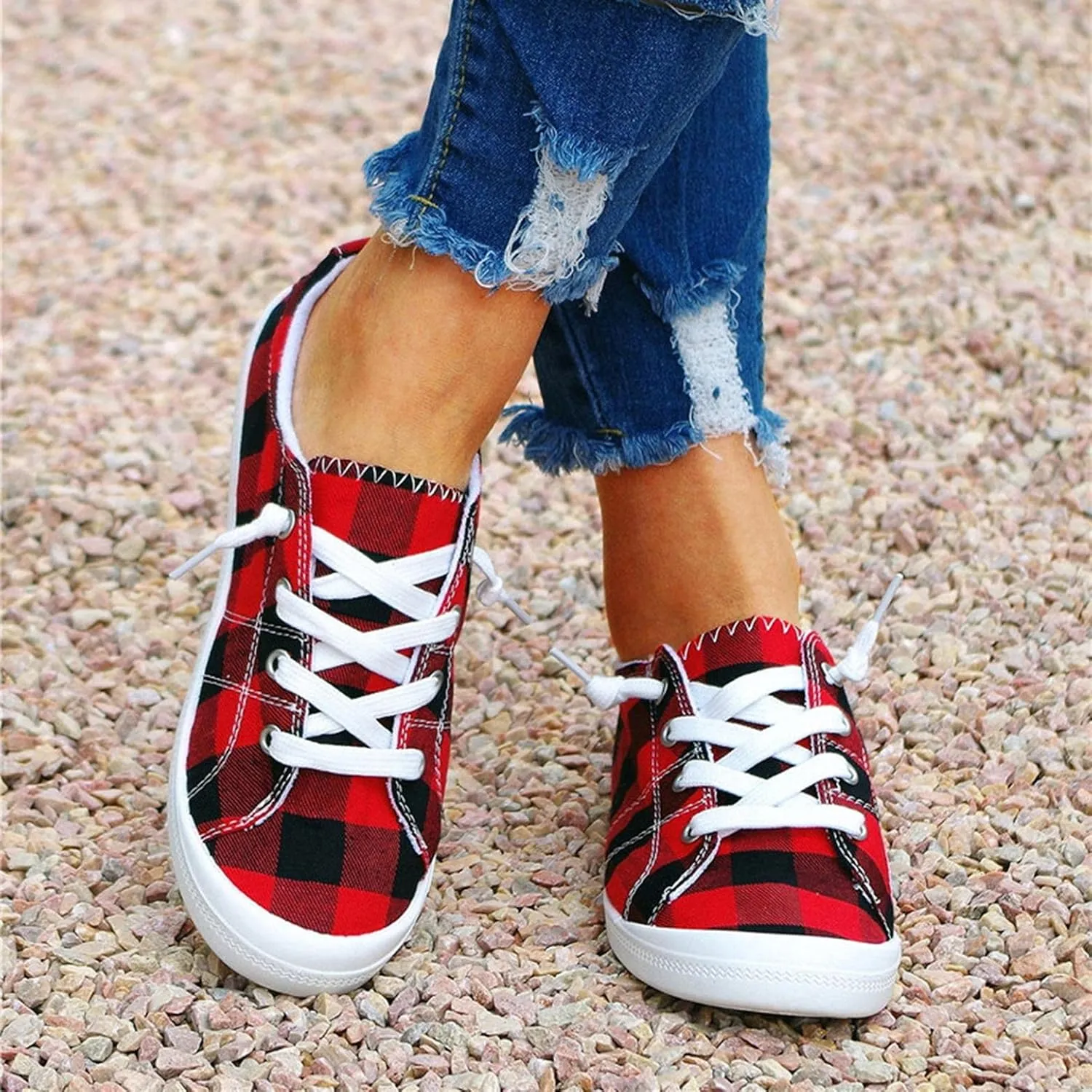 Hbeylia Canvas Shoes For Women Fashion Casual Plaid Lace Up Low Top Play Sneakers Lightweight Low Heels Slip On Flats Loafers Walking Shoes For Girls Running Outdoor Sports Driving