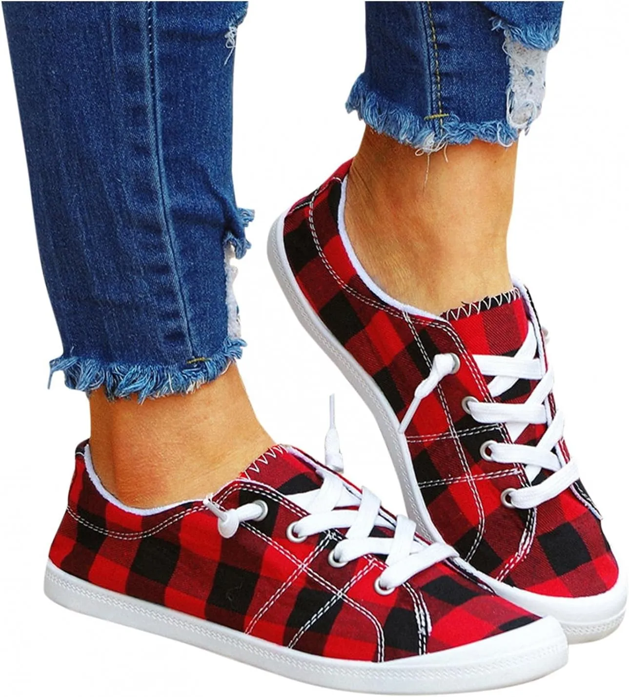 Hbeylia Canvas Shoes For Women Fashion Casual Plaid Lace Up Low Top Play Sneakers Lightweight Low Heels Slip On Flats Loafers Walking Shoes For Girls Running Outdoor Sports Driving