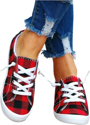 Hbeylia Canvas Shoes For Women Fashion Casual Plaid Lace Up Low Top Play Sneakers Lightweight Low Heels Slip On Flats Loafers Walking Shoes For Girls Running Outdoor Sports Driving