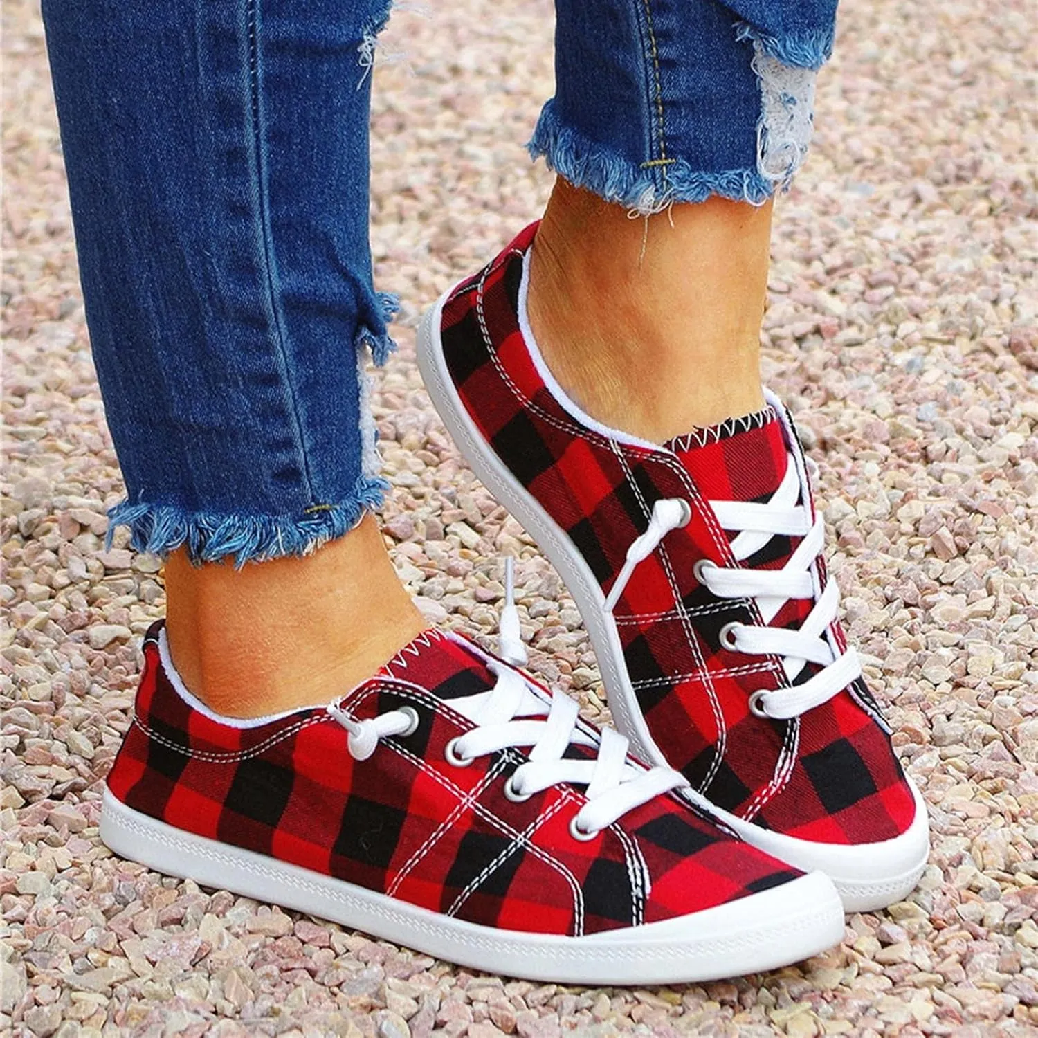 Hbeylia Canvas Shoes For Women Fashion Casual Plaid Lace Up Low Top Play Sneakers Lightweight Low Heels Slip On Flats Loafers Walking Shoes For Girls Running Outdoor Sports Driving