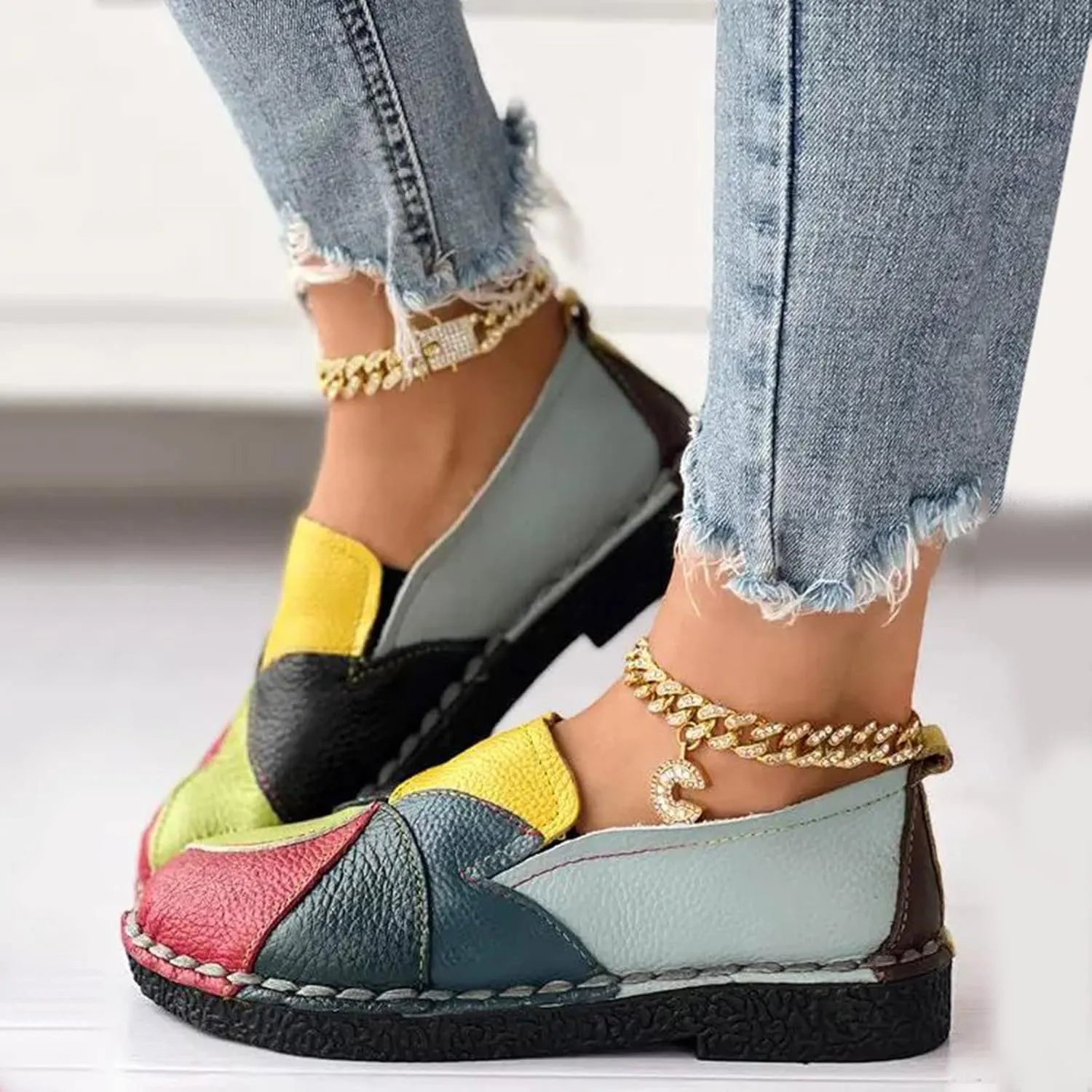 Hbeylia Fashion Sneakers for Women Retro Color Blocking Low Top Leather Round Toe Flats Breathable Slip On Chunky Bottom Dress Oxford Flats Walking Shoes Play Sneakers Loafers