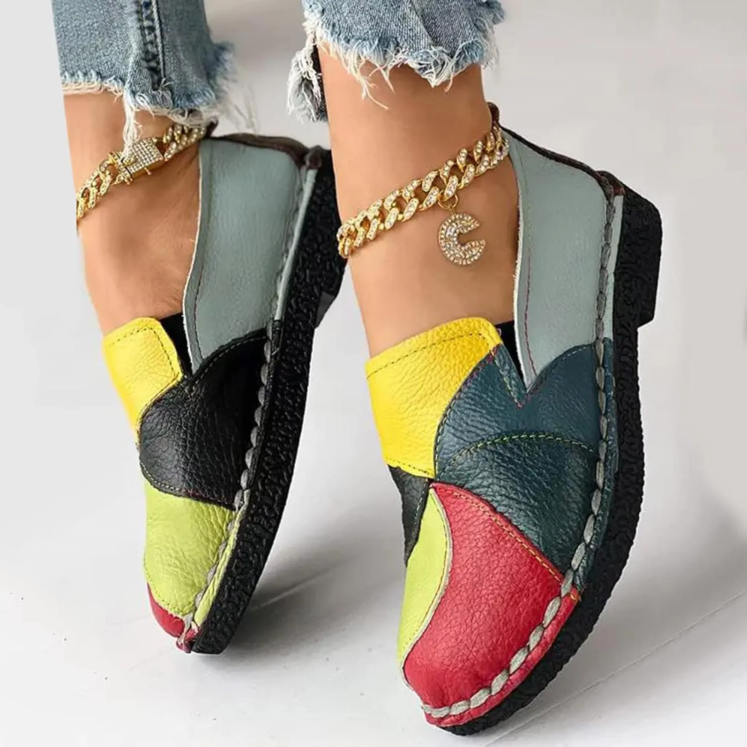 Hbeylia Fashion Sneakers for Women Retro Color Blocking Low Top Leather Round Toe Flats Breathable Slip On Chunky Bottom Dress Oxford Flats Walking Shoes Play Sneakers Loafers