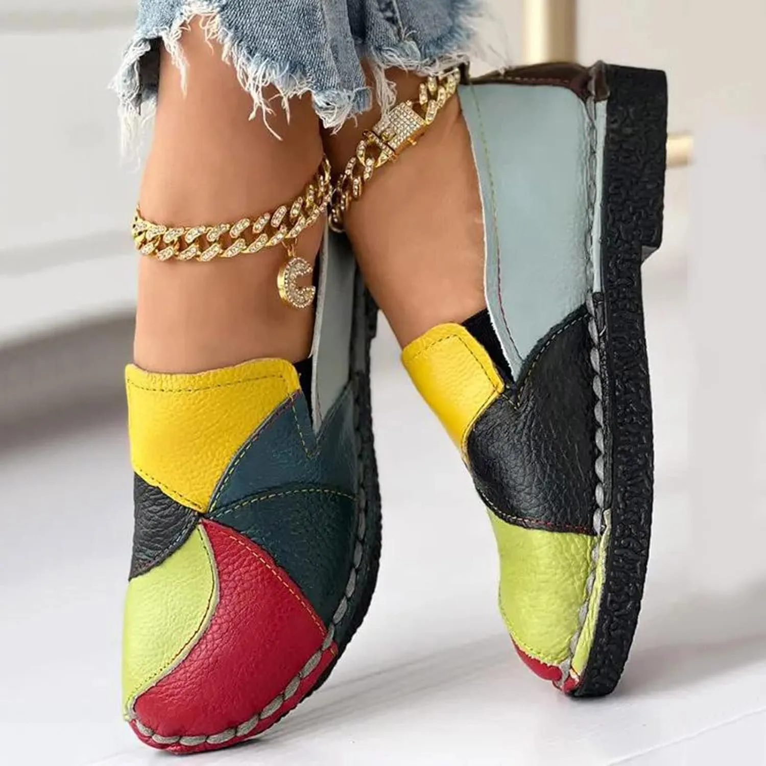 Hbeylia Fashion Sneakers for Women Retro Color Blocking Low Top Leather Round Toe Flats Breathable Slip On Chunky Bottom Dress Oxford Flats Walking Shoes Play Sneakers Loafers