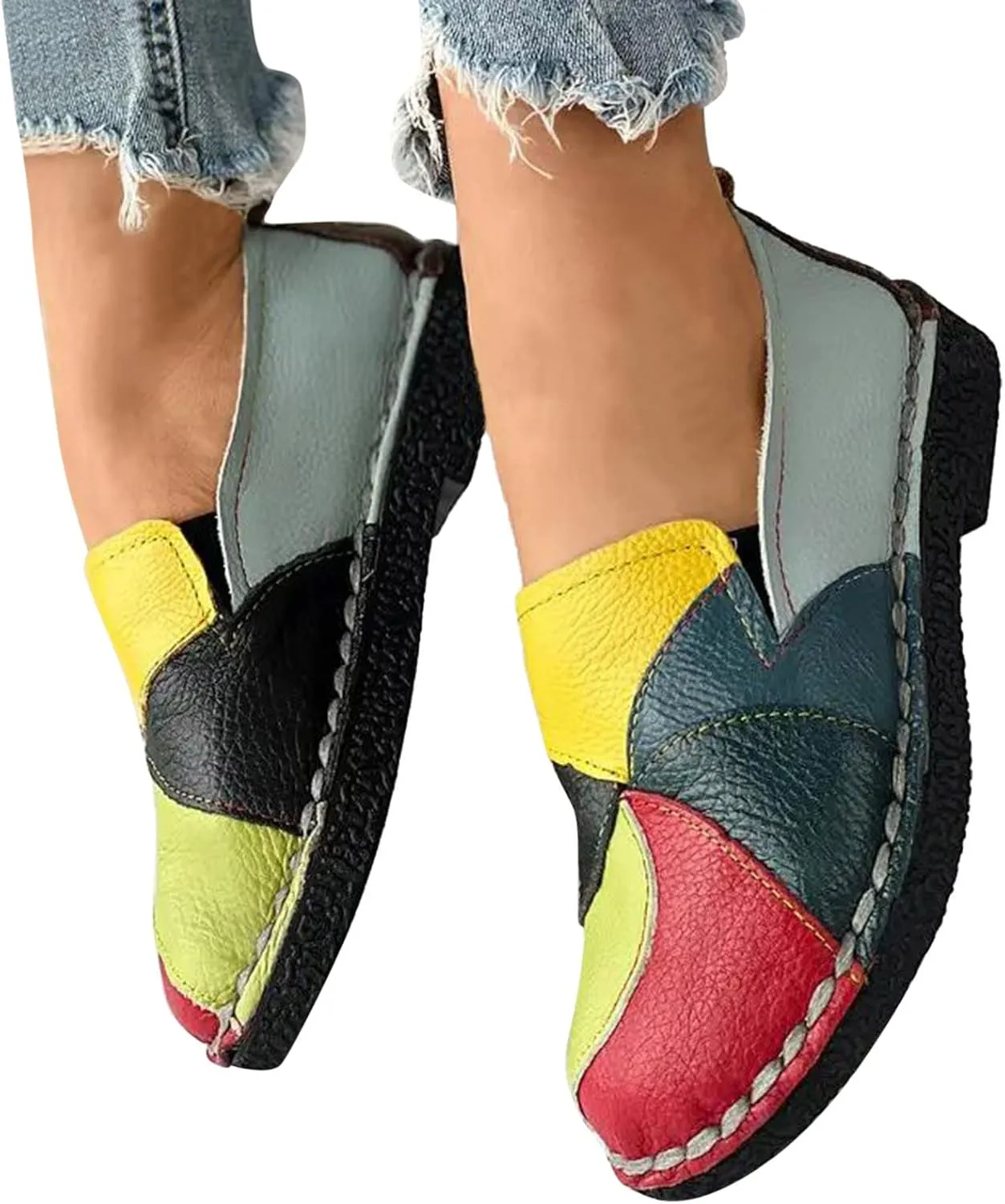 Hbeylia Fashion Sneakers for Women Retro Color Blocking Low Top Leather Round Toe Flats Breathable Slip On Chunky Bottom Dress Oxford Flats Walking Shoes Play Sneakers Loafers