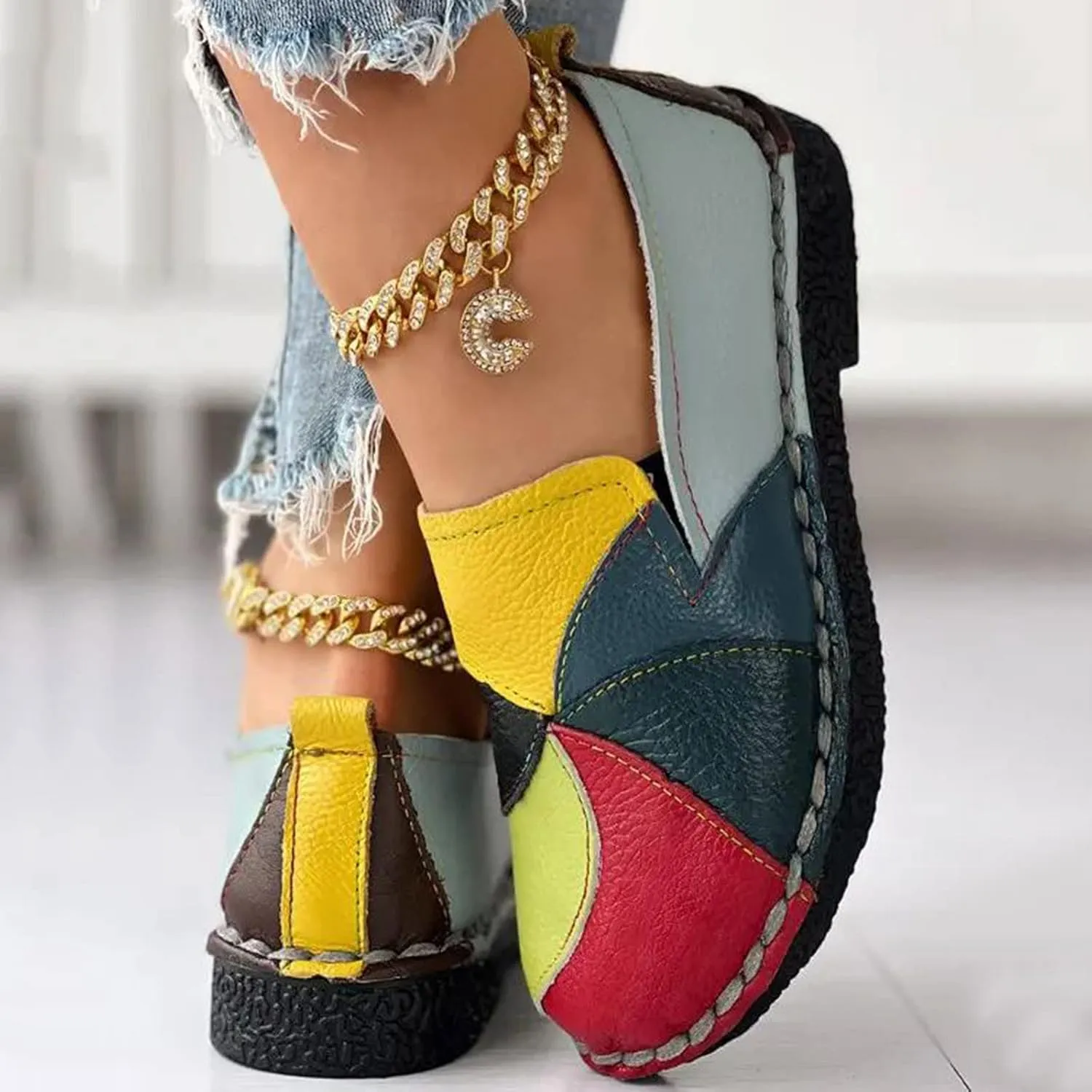 Hbeylia Fashion Sneakers for Women Retro Color Blocking Low Top Leather Round Toe Flats Breathable Slip On Chunky Bottom Dress Oxford Flats Walking Shoes Play Sneakers Loafers
