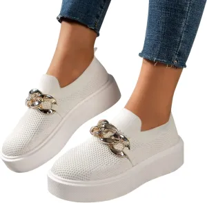 Hbeylia Platform Fashion Sneakers for Women Casual Breathable Mesh Air Metal Chain Design Round Toe Chunky Bottom High Heels Low Top Canvas Shoes Slip On Flats Walking Shoes Play Sneakers Loafers