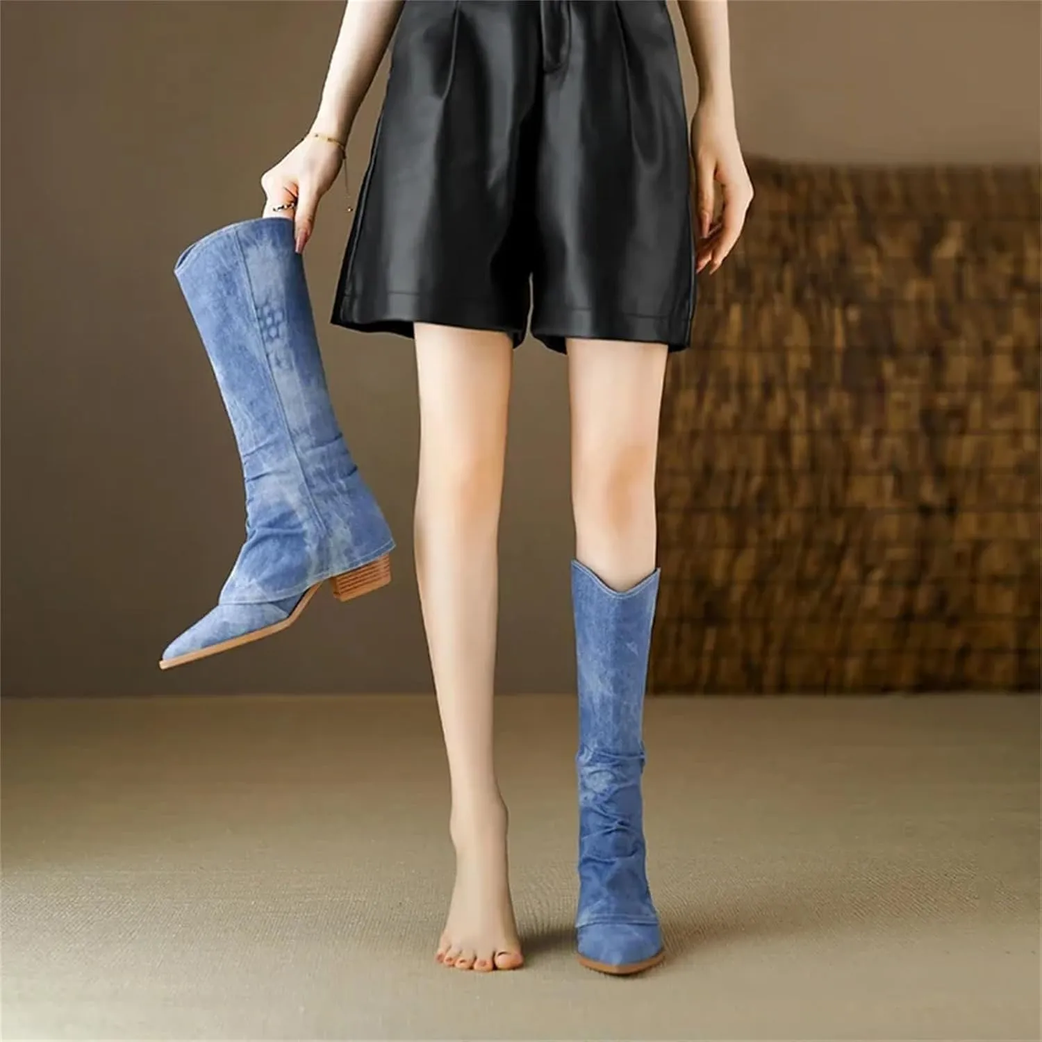 Hcclijo Women Knee High Boots Natural Leather 22-26Cm Denim Pigskin Cowboy Boots