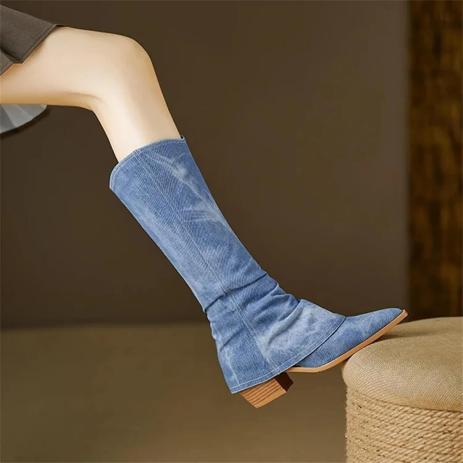 Hcclijo Women Knee High Boots Natural Leather 22-26Cm Denim Pigskin Cowboy Boots