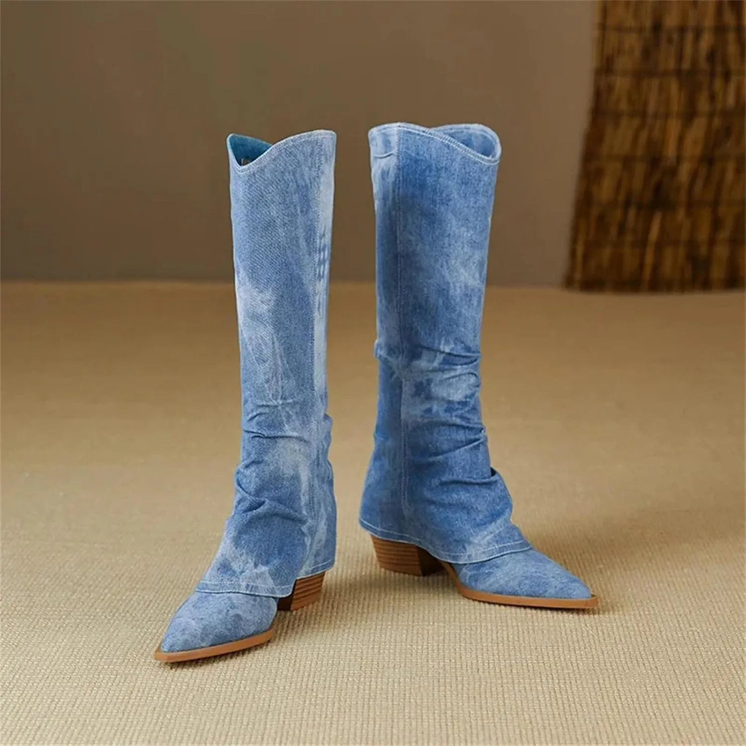 Hcclijo Women Knee High Boots Natural Leather 22-26Cm Denim Pigskin Cowboy Boots