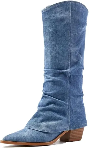 Hcclijo Women Knee High Boots Natural Leather 22-26Cm Denim Pigskin Cowboy Boots