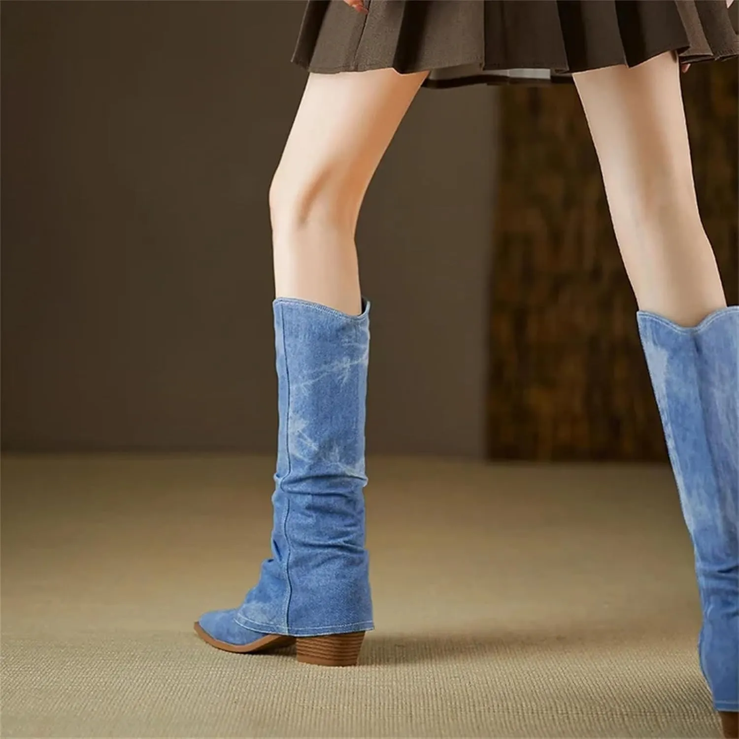 Hcclijo Women Knee High Boots Natural Leather 22-26Cm Denim Pigskin Cowboy Boots