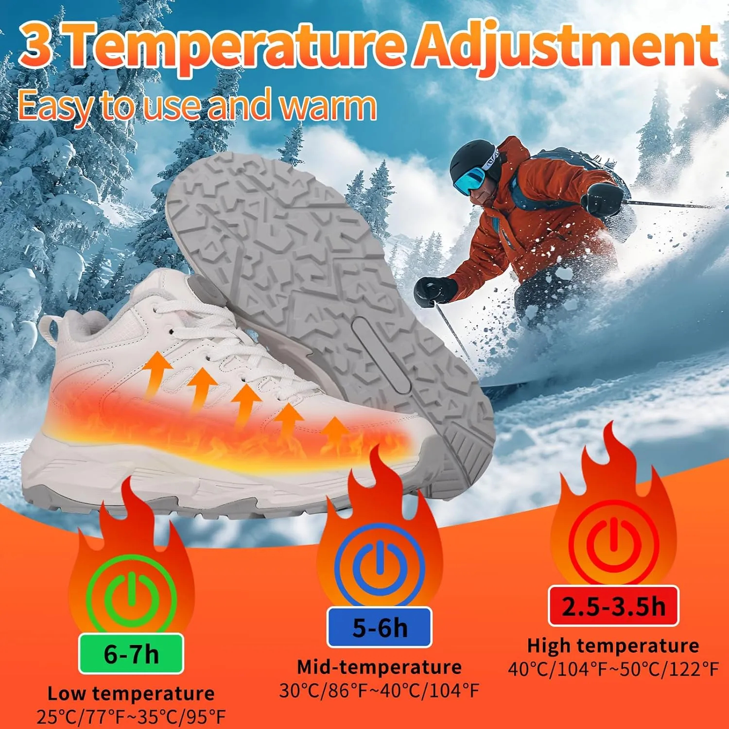 Heated Sneakers for Women Men - Rechargeable Electric Heated Shoes with 3 Heating Levels, Waterproof Upper, Non-Slip Rubber Sole, Winter Warmth Footwear for Hiking Outdoor Activities