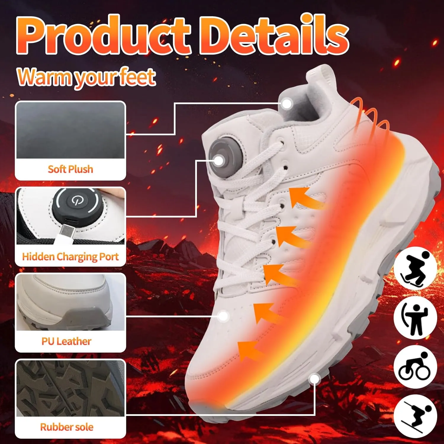 Heated Sneakers for Women Men - Rechargeable Electric Heated Shoes with 3 Heating Levels, Waterproof Upper, Non-Slip Rubber Sole, Winter Warmth Footwear for Hiking Outdoor Activities