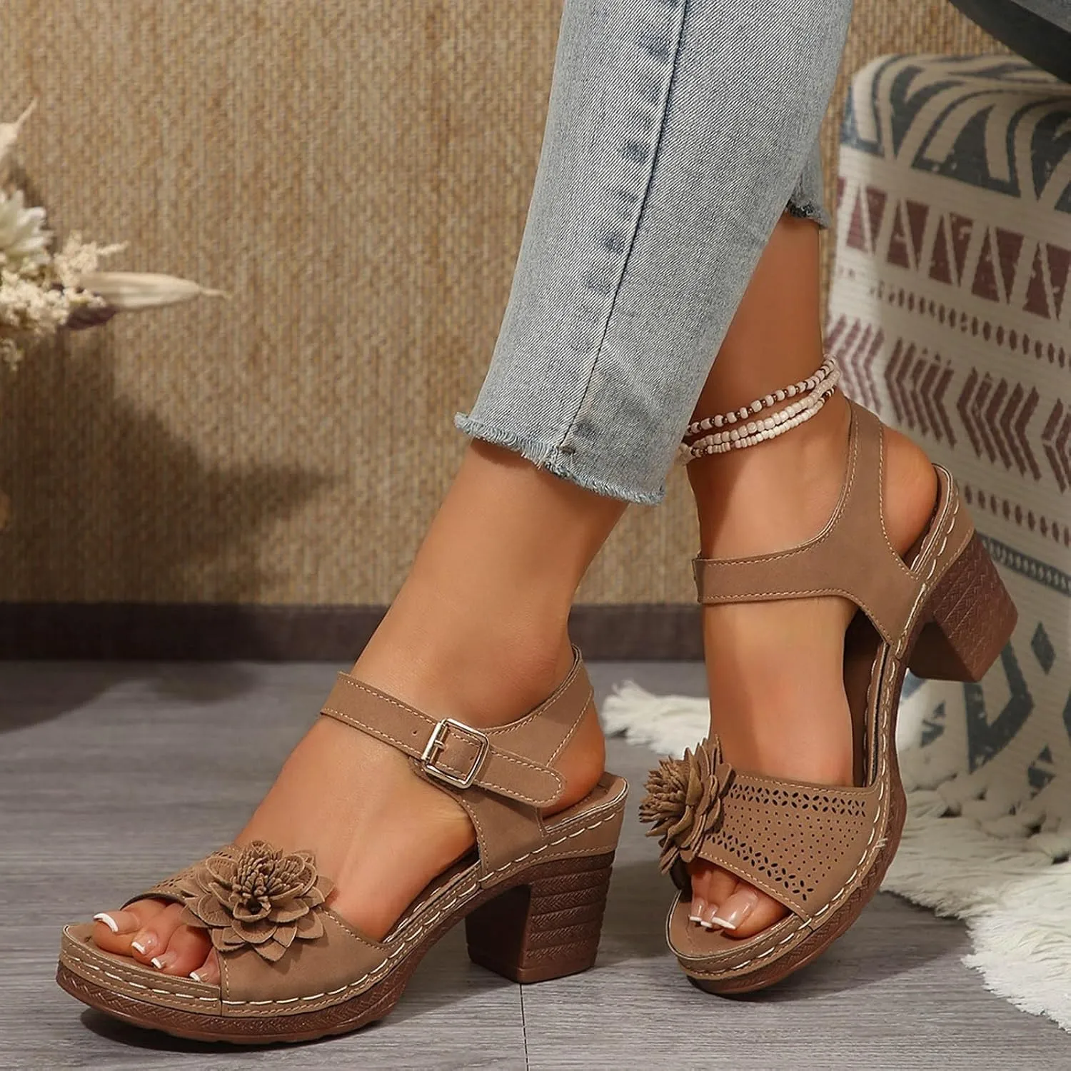 Heels for Women Platform Heels Ankle Strap Sandals Open Toe Chunky Heels Sandals Arch Support Flip Flops Comfortable Slip On Sandal Fashion Party Dress Flip-Flops Shoes