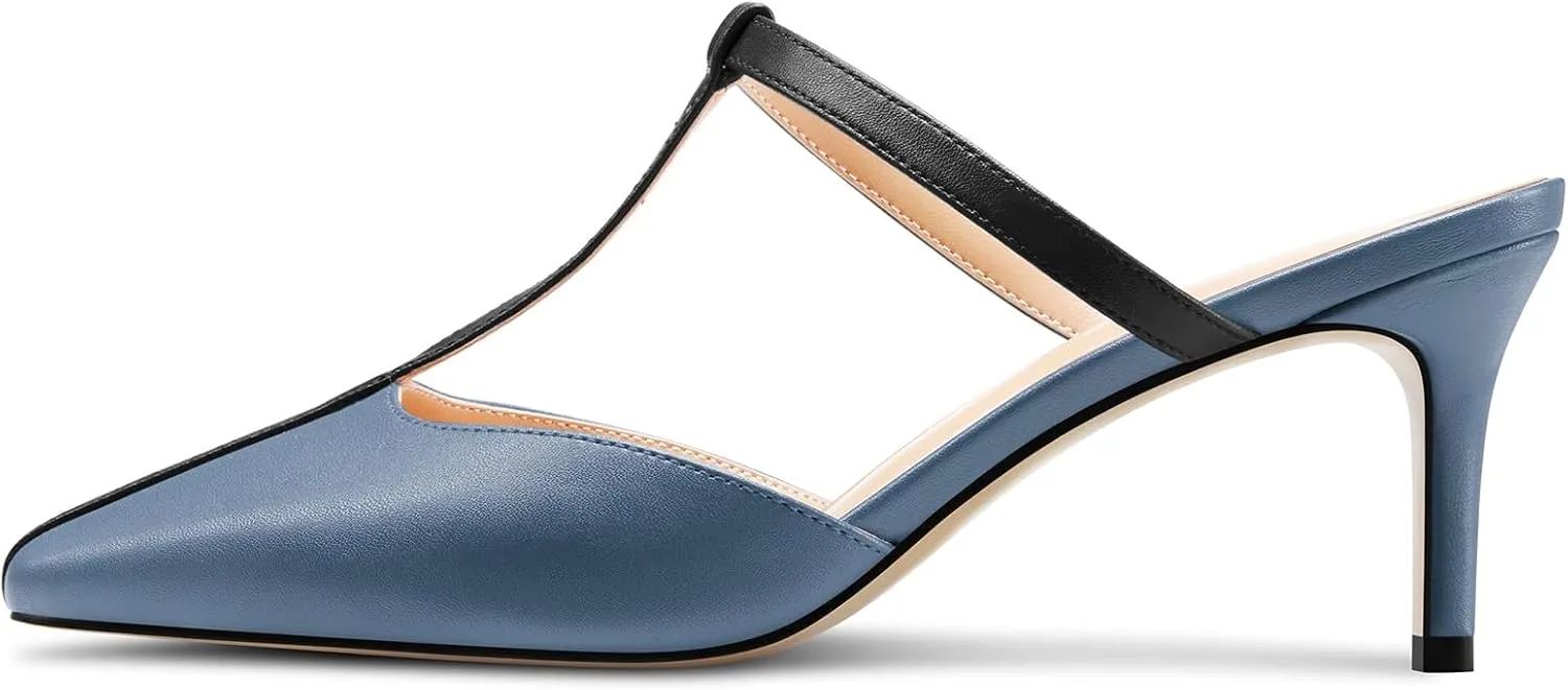 HEUIVZAR Womens Mid Kitten Heel Pointed Toe T-Strap Mules Sandals Slip-on Wedding Cute Summer 2.6 Inches Heels