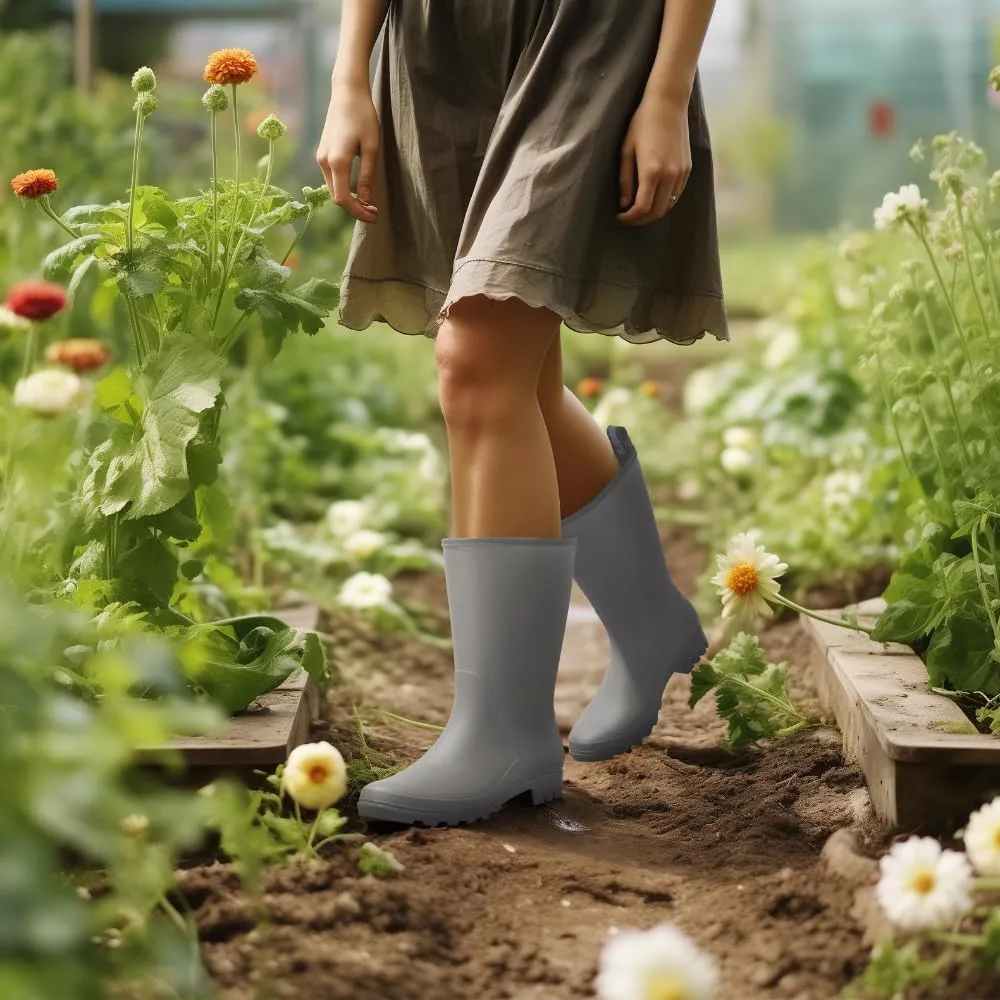 HISEA Women Rubber Boots Wide Calf Rain Boots Matte Surface Waterproof PVC Rubber Rain Boot Mid Height Rain Shoes for Outdoor Gardening Work Walking