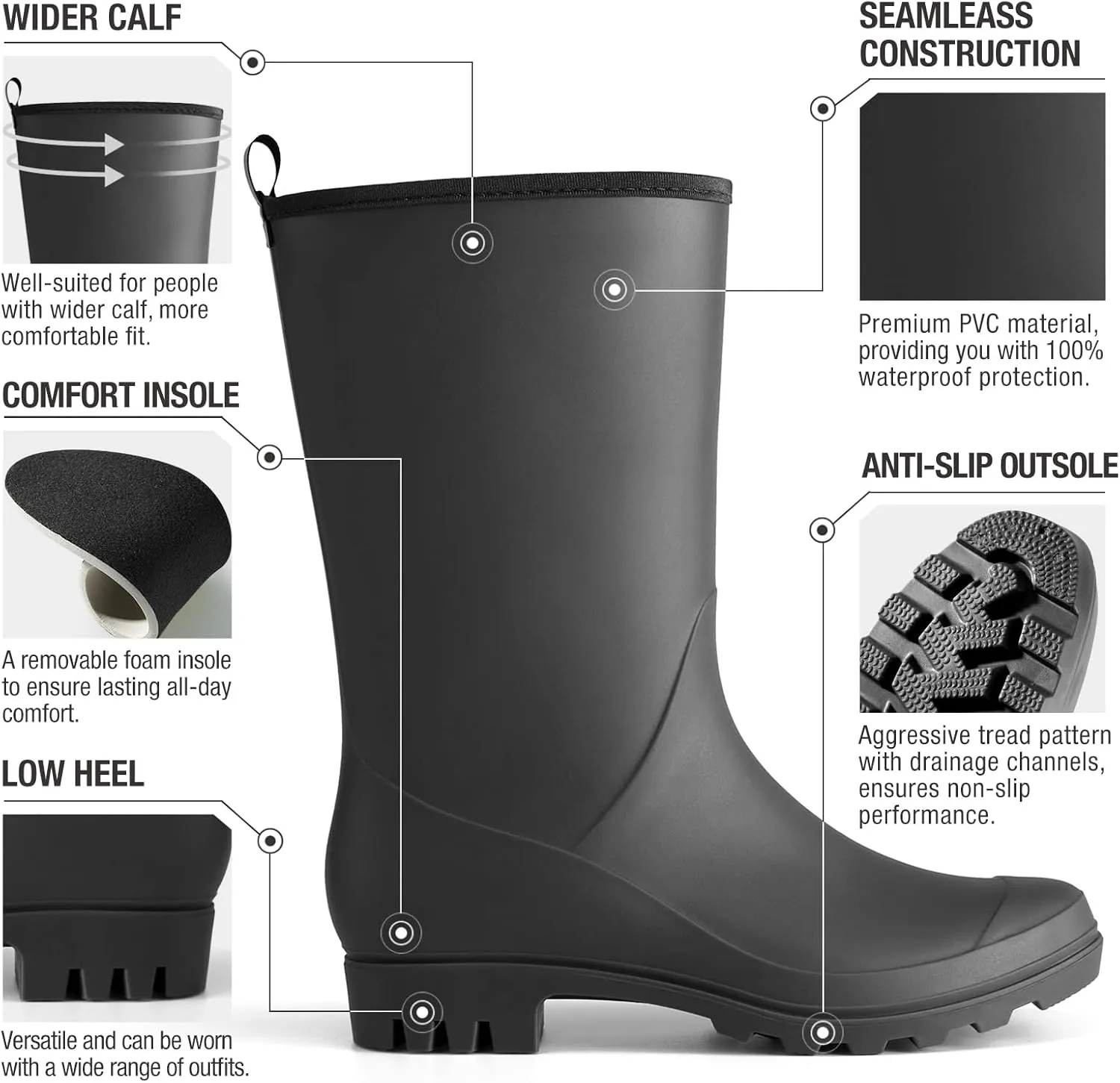 HISEA Women Rubber Boots Wide Calf Rain Boots Matte Surface Waterproof PVC Rubber Rain Boot Mid Height Rain Shoes for Outdoor Gardening Work Walking