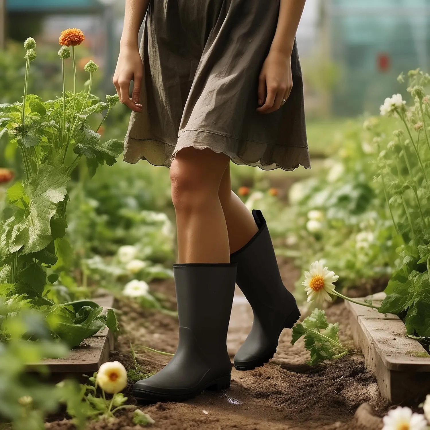 HISEA Women Rubber Boots Wide Calf Rain Boots Matte Surface Waterproof PVC Rubber Rain Boot Mid Height Rain Shoes for Outdoor Gardening Work Walking