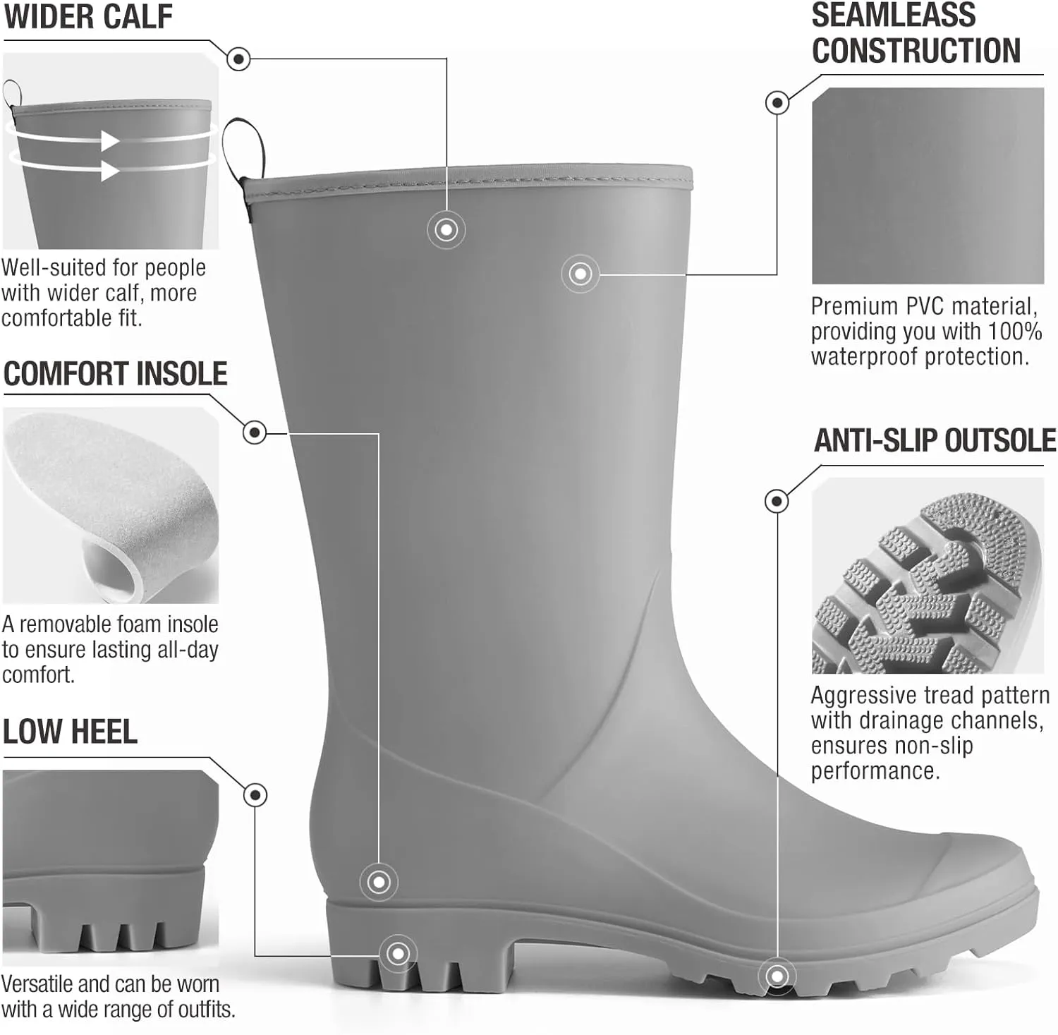 HISEA Women Rubber Boots Wide Calf Rain Boots Matte Surface Waterproof PVC Rubber Rain Boot Mid Height Rain Shoes for Outdoor Gardening Work Walking
