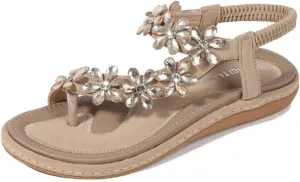HNGHOU Women's Summer Sandals Casual Comfortable Bohemia Beach Flat Sandals Open Toe Ankle Crystal Gladiator Shoes