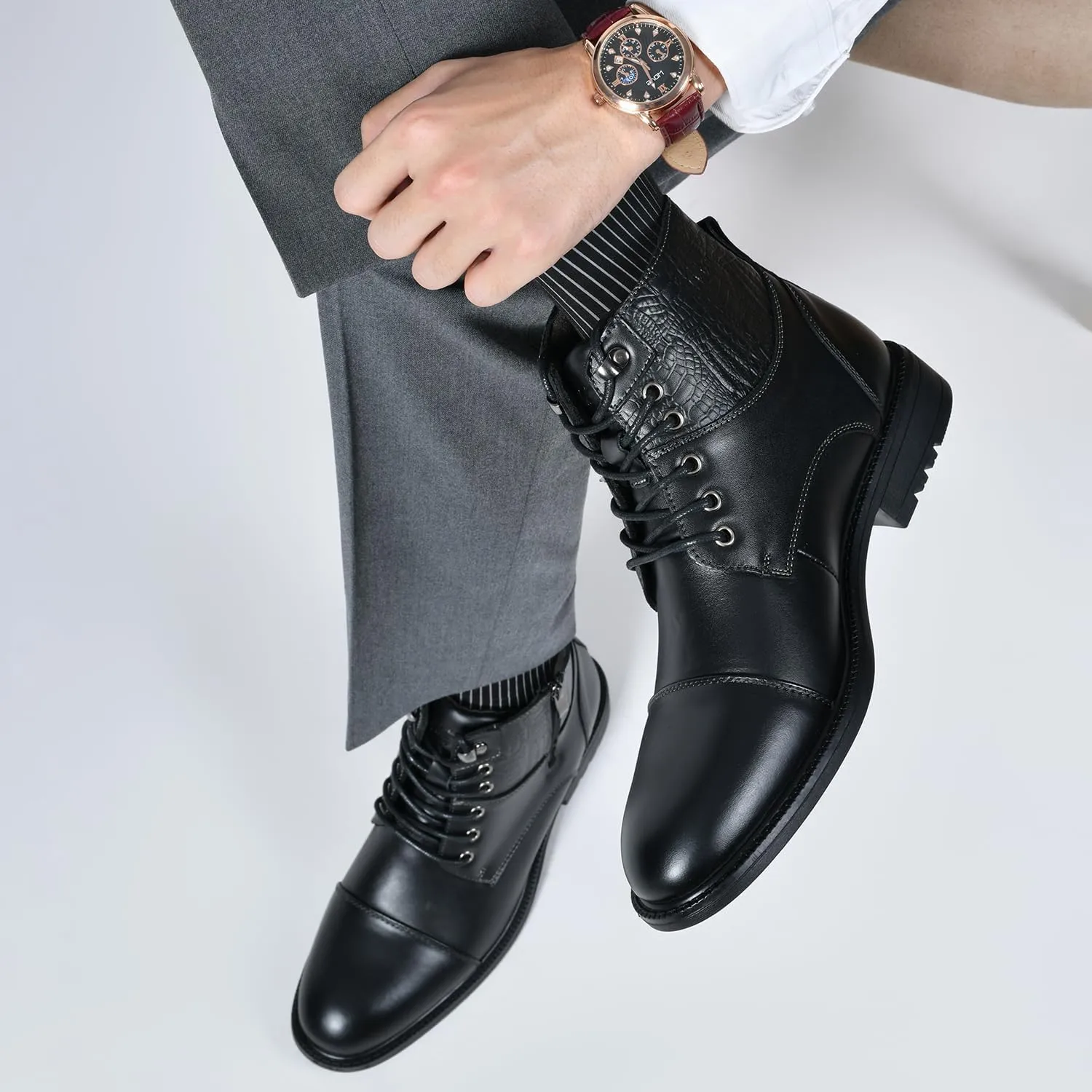 Holy dove Mens Oxford Leather Dress Boots Cap Toe Side Zip Fashion Mid Top Chukka Ankle Boots for Men