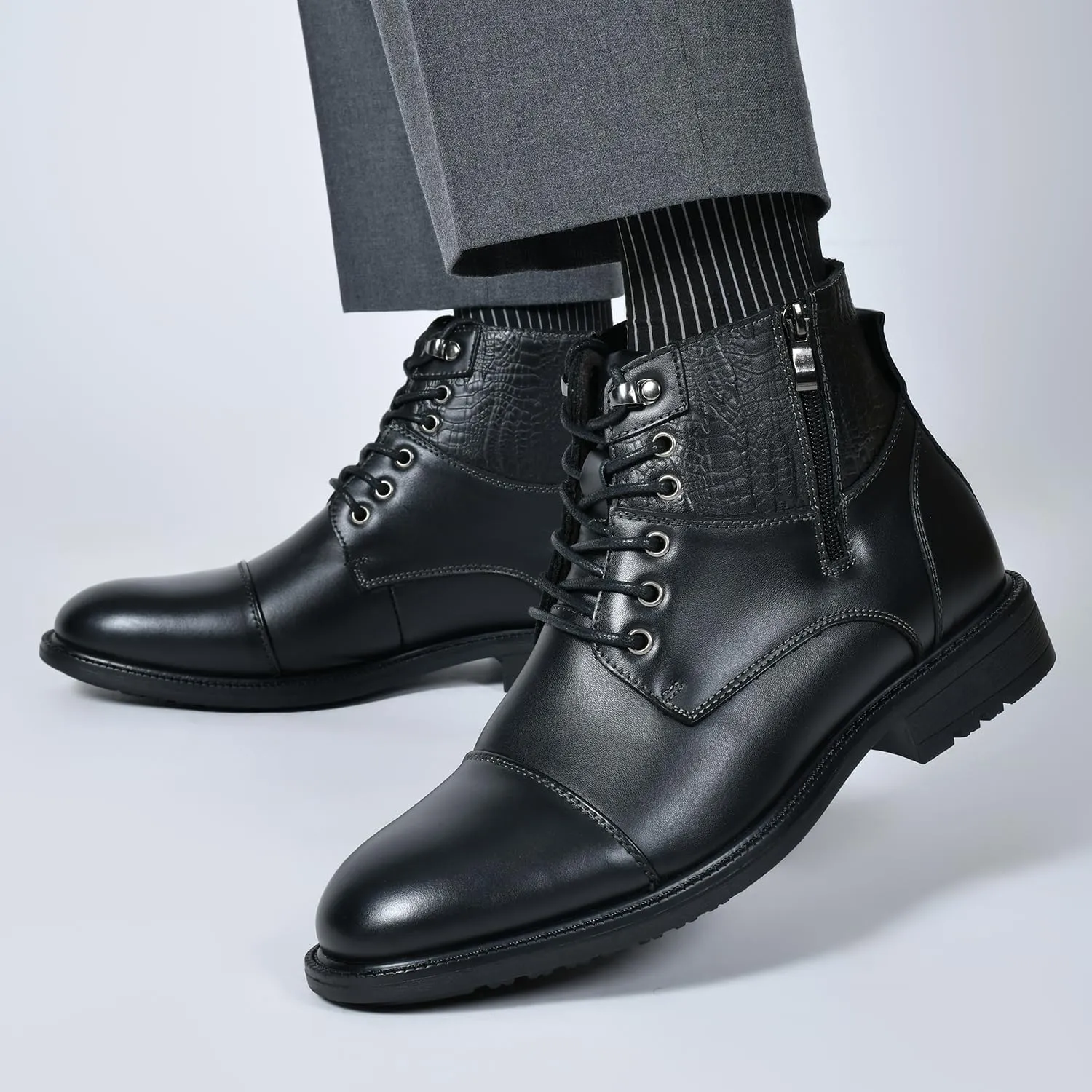 Holy dove Mens Oxford Leather Dress Boots Cap Toe Side Zip Fashion Mid Top Chukka Ankle Boots for Men