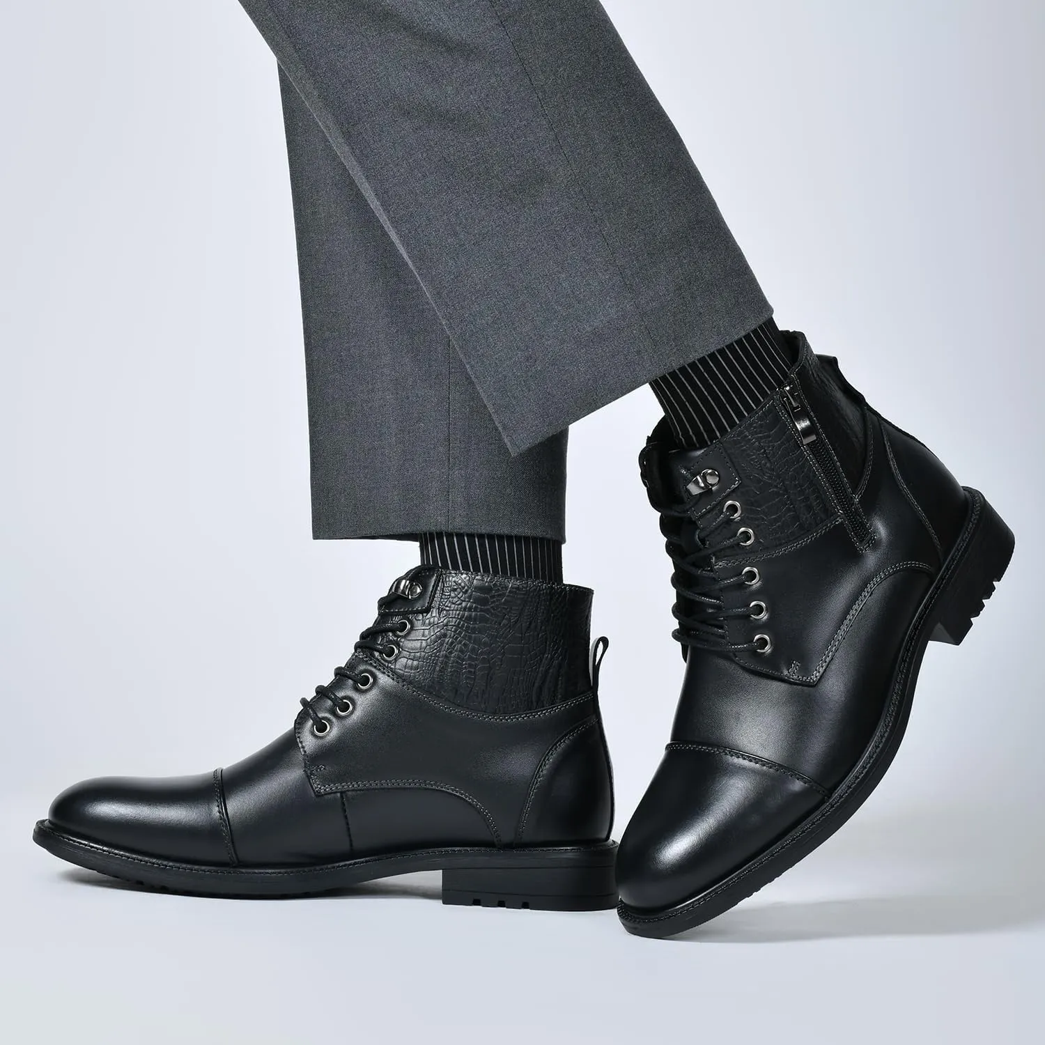 Holy dove Mens Oxford Leather Dress Boots Cap Toe Side Zip Fashion Mid Top Chukka Ankle Boots for Men
