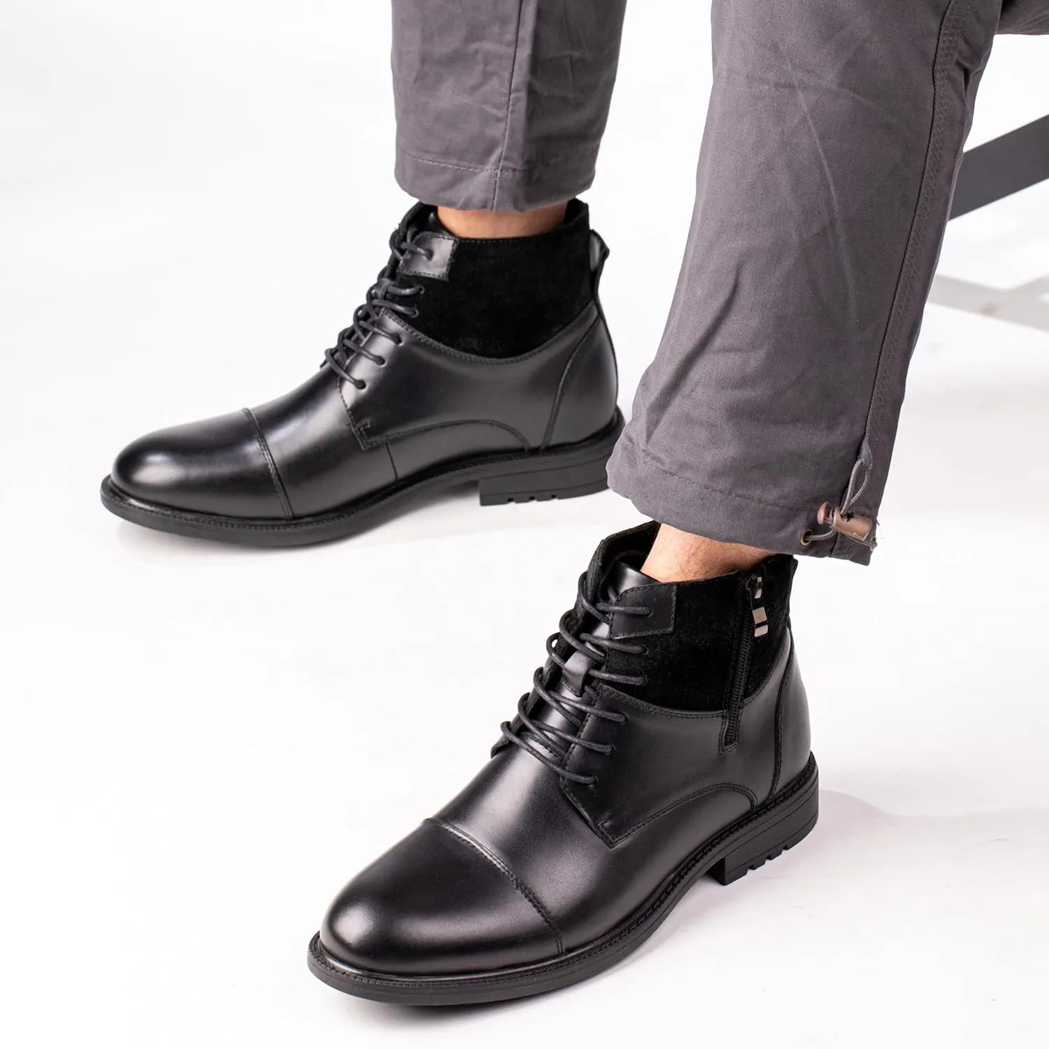 Holy dove Mens Oxford Leather Dress Boots Cap Toe Side Zip Fashion Mid Top Chukka Ankle Boots for Men