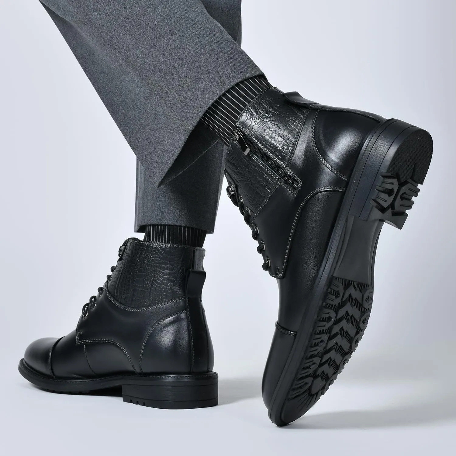 Holy dove Mens Oxford Leather Dress Boots Cap Toe Side Zip Fashion Mid Top Chukka Ankle Boots for Men