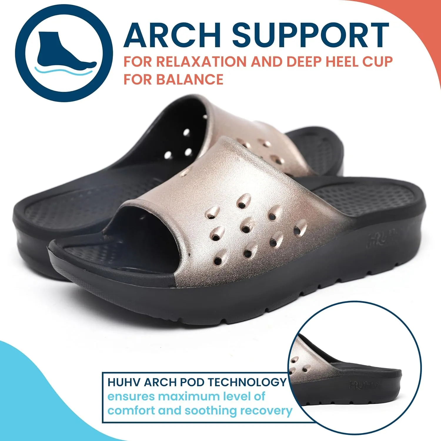 HUHV Women's MAX Cushion Arch Pod Tech Recovery comfort Slide Sandal with Comfort Orthotic Arch Support and our Proprietary HEALIUM Foam Technology