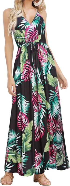 HUSKARY Hawaiian Women Dresses Beach Summer Maxi Dress with Pockets Sleeveless Spaghetti Strap Casual Sundress